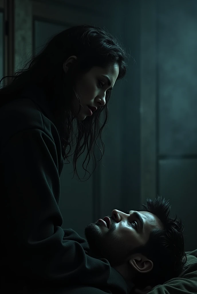 Close-up of Sara&#39;s face from a low angle, looking at Jorge still on the floor, already dead.   
