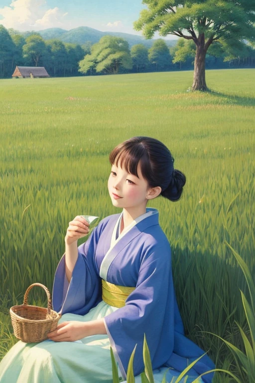 Fairy tale illustration by Reiko Ikemura, pixabay, simple art, full color illustration, cute fairy tale illustration, picture book illustration, illustration, girl picking tea in the style of Hayao Miyazaki, in the field, kimono, kimono  