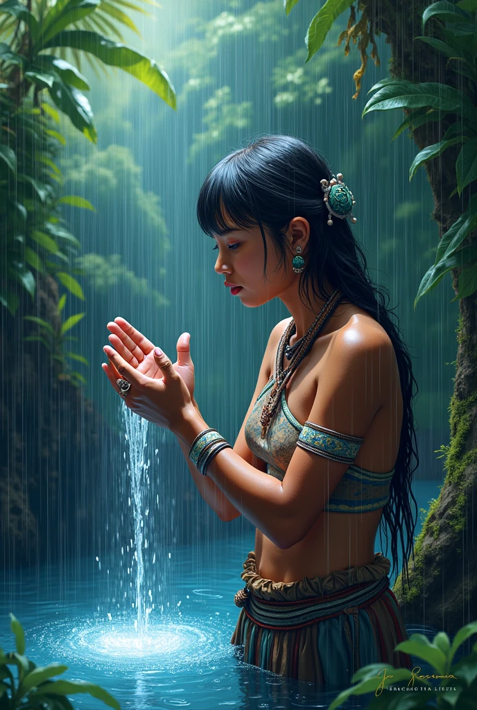 Young tantric priestess woman with tattoos on her body bathing in river in loincloth photo realistic --auto