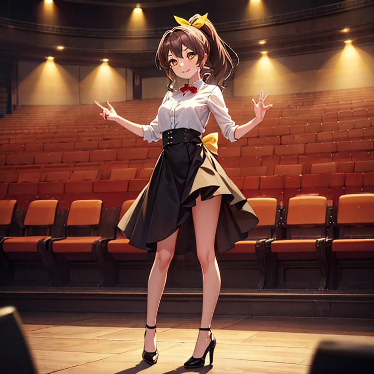 one girl, brown hair, yellow eyes, smiling, ponytail, high ponytail, long hair, bow, ribbon, studio, looking at audience, full body, black top, yellow long skirt, red heels, standing