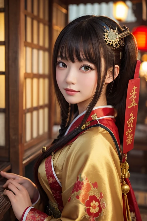 masutepiece, Best Quality, hight resolution, photoreaslistic, Detailed face, 1girl in, Upper body, Golden kanzashi hair, Ponytail hair, Black hair, Cute,Smile, shrines, shining background, Golden kimono
