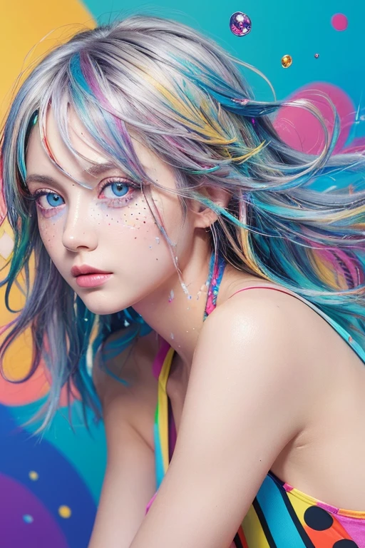 (Pink Fashion T-shirt:1.9),(Colorful hair: 1.8), (all the colours of the rainbow: 1.8),(((((vertical painting:1.6))), (painting:1.6),front, comics, illustrations, paintings, large eyes, crystal clear eyes,( rainbow color gradient high ponytail:1.7), exquisite makeup, closed mouth,(Small Fresh: 1.5),(Wipe Chest: 1.6) ,long eyelashes, white off shoulder T-shirt, White Shoulder Shirt,looking at the audience, large watery eyes, (rainbow colored hair:1.6), color splash, (solo:1.8), color splash, color explosion, thick paint style, messy lines, ((shining)),(colorful), (colorful), (colorful), colorful, Thick Paint Style, (Splash) (Color Splash), Vertical Painting, Upper Body, Paint Splash, Acrylic Pigment, Gradient, Paint, Highest Image Quality, Highest Quality, Masterpiece, Solo, Depth of Field, Face Paint, colorful clothes, (Elegant: 1.2), gorgeous,long hair, wind, (Elegant: 1.3), (Petals: 1.4),(((masterpiece))),(((best quality))),((ultra-detailed)),(illustration),(dynamic angle),((floating)),(paint),((disheveled hair)),(solo),(1girl) , (((detailed anima face))),((beautiful detailed face)),collar,bare shoulders,white hair, ((colorful hair)),((streaked hair)),beautiful detailed eyes,(Gradient color eyes),(((colorful eyes))),(((colorful background))),(((high saturation))),