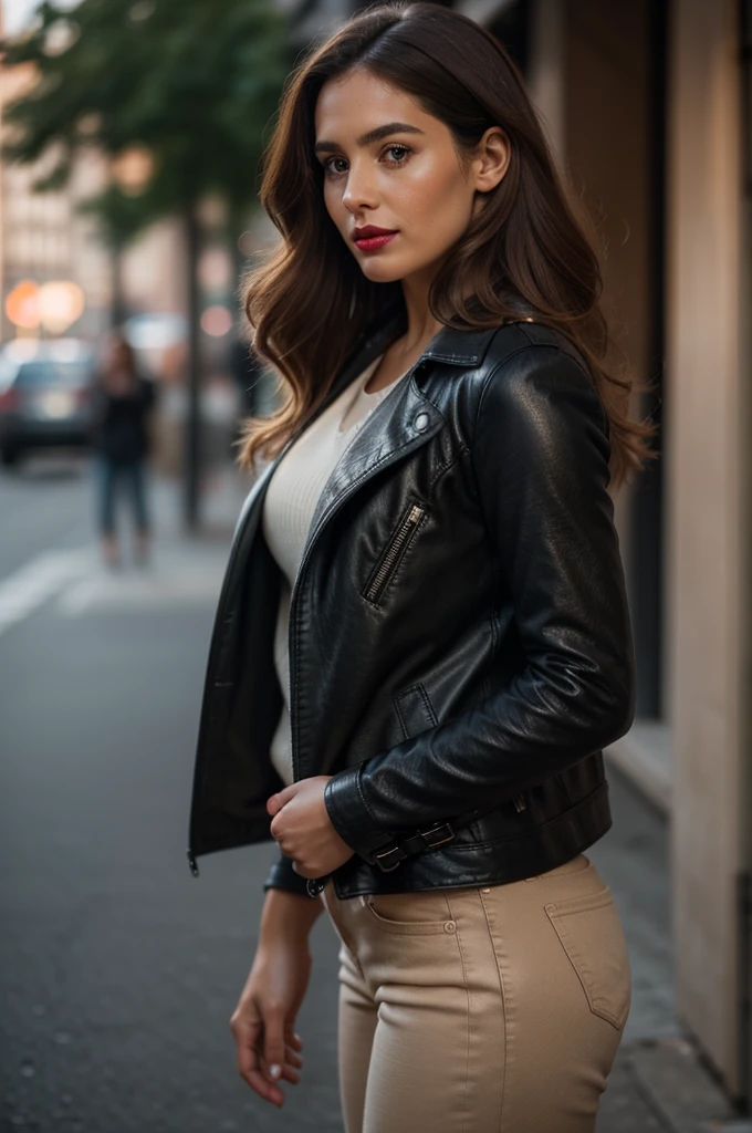 A side portrait, half body, a beautiful, gorgeous, marvelous Argentinian woman, super long brown hair with defined curls and bangs. Cute expression, pale soft skin, subtle makeup with red lipstick, donning a black leather trench coat with pads on shoulders, paired with skinny denim trousers, accented with a beige sweater top, black riding boots, a black leather backpack slung on her shoulders captured in natural light, shallow depth of field, ultra fine, highly detailed, high constrast, high saturation, 8K, UHD resolution.