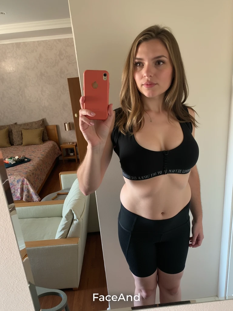 Woman in bikini taking selfie with cell phone, foto de garota magra, foto adequada, her belly is fat and round, ela tem uma barriga redonda e gorda, corte de meio corpo, grosso, visible belly, Corpo esguio, cintura fina e quadris grossos, barriga exposta, woman is curved, dobras de flacidez abdominal. COLOQUE ELA DE SHORT E DISFARCE O BICO DOS SEIOS