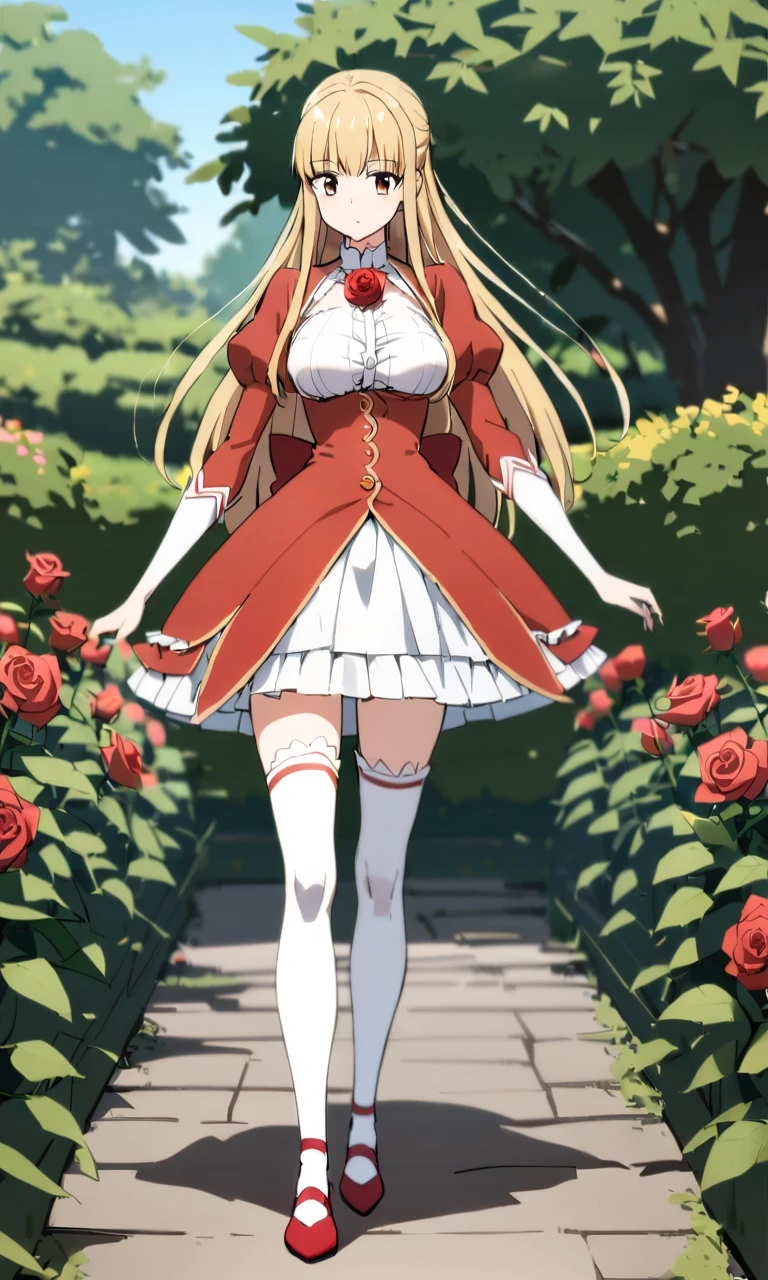 1 Girl, Standing, , blond, Coccyx hair length , 体面的,  ,  white stockings ,  red slipper-like breasts, Red Rose ， Walk, garden 