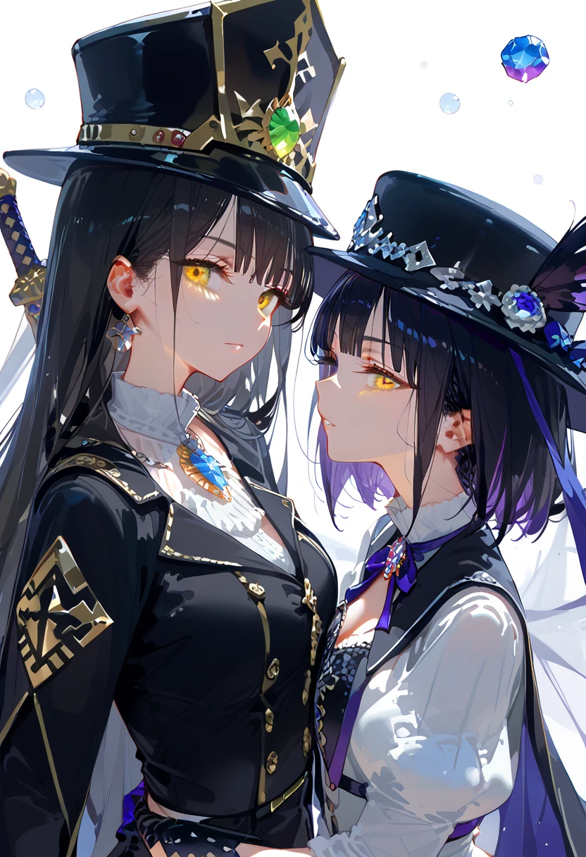 Two Women，Black Hair，One a sorceress the other a sword saint. short white woman, two tone black & cameo hair, yellow eyes, black outfit with silver framed gemstones. white and warm cameo colored cover, hat with long brim black and purple. Futanari