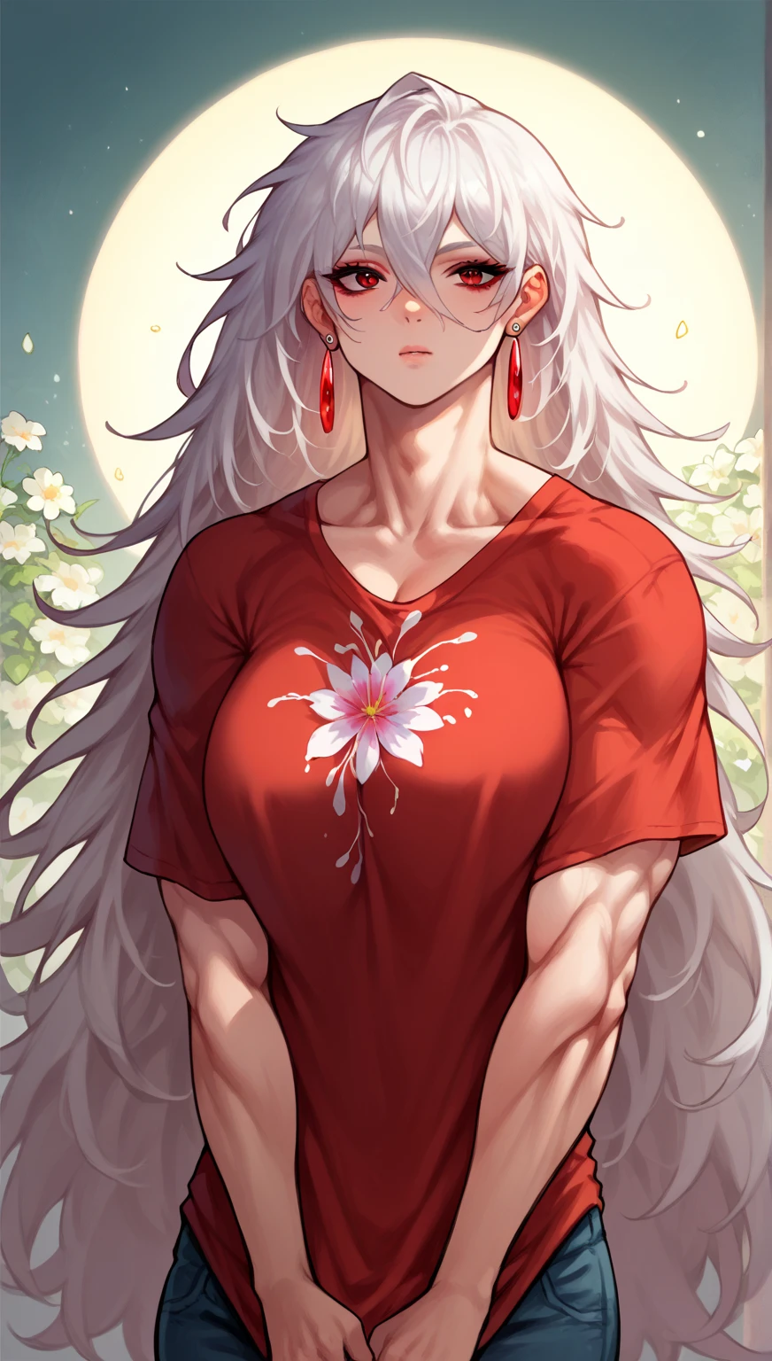 score_9, score_8_up, score_7_up, score_6_up, score_5_up, score_4_up, woman, solo, Floral print t-shirt with oversized, abstract flowers in vibrant colors, thoughtful, earrings, white hair, Dark Red eyes, very long hair, hair between eyes, side tilt, medium breasts, lightweight, morn, drastically, saas, gigantic bodybuilder hypermuscular