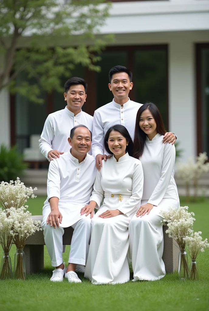 2 elders of the family men and a women, 3 brothers with their wife and has 4 kids, they are a family standing with nature background, wearing all white color outfit