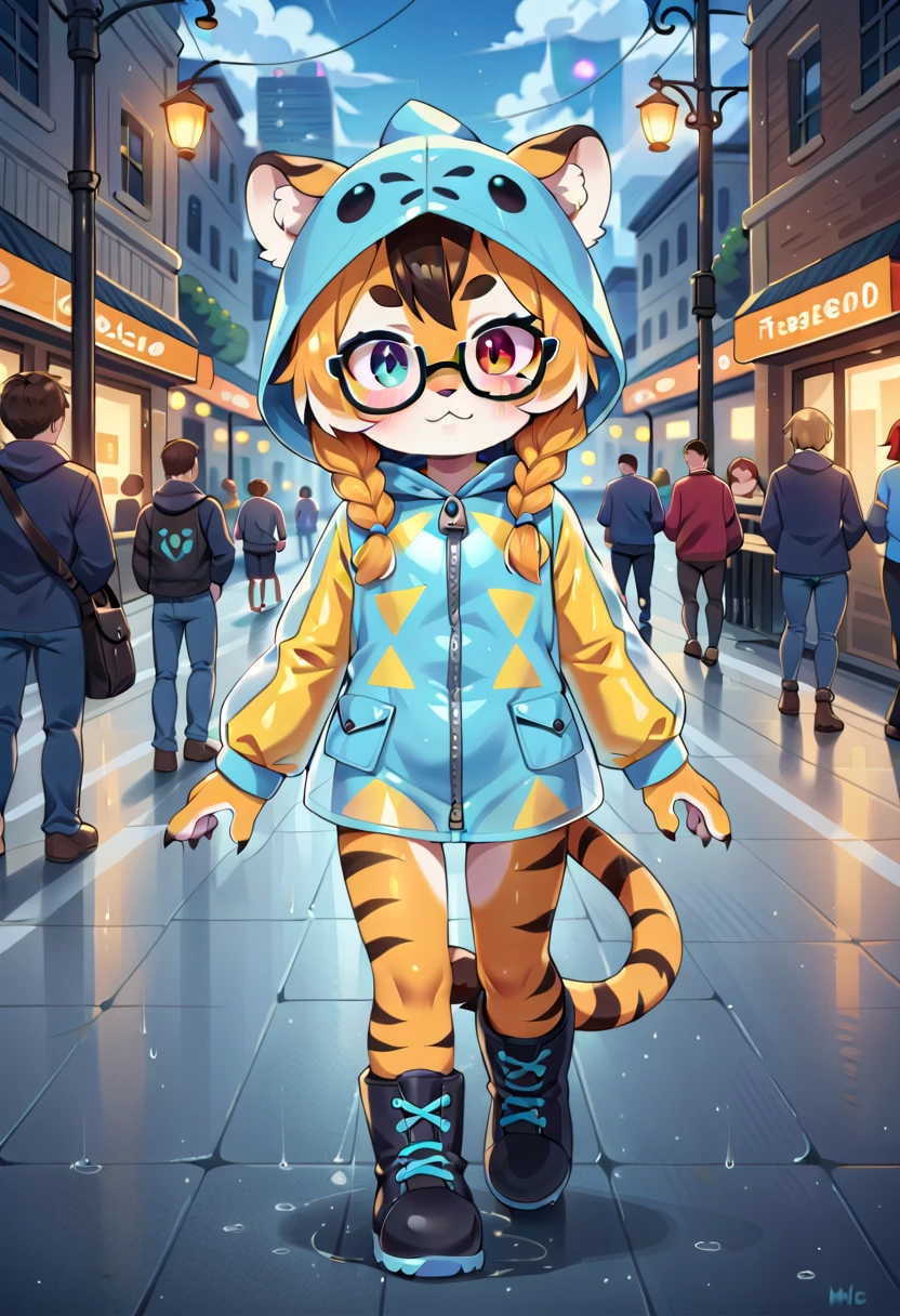 masterpiece, high resolution, best quality, (furry tiger girl, baby body, baby height, flat chest, animal face, animal skin, animal fur, tiger ears, tiger tail), heterochromia, multicolored hair, twin braids, piercing, makeup, tattoo, glasses, running through puddles, night park, puddles, heavy rain, raincoat, rubber boots, cap, public