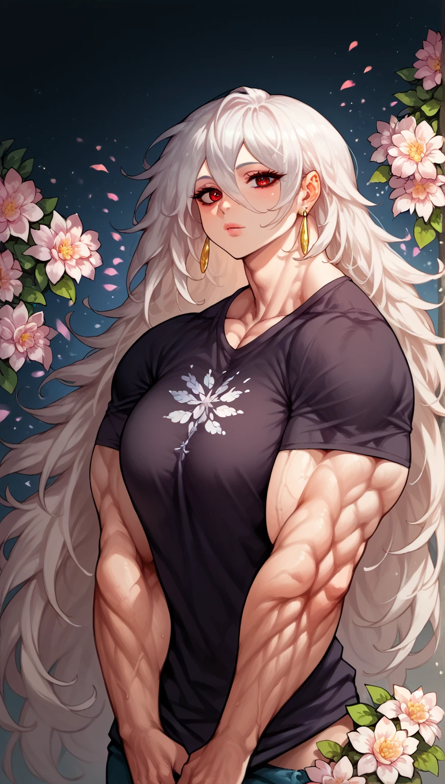 score_9, score_8_up, score_7_up, score_6_up, score_5_up, score_4_up, woman, solo, Floral print t-shirt with oversized, abstract flowers in vibrant colors, thoughtful, earrings, white hair, Dark Red eyes, very long hair, hair between eyes, side tilt, medium breasts, lightweight, morn, drastically, saas, gigantic bodybuilder hypermuscular