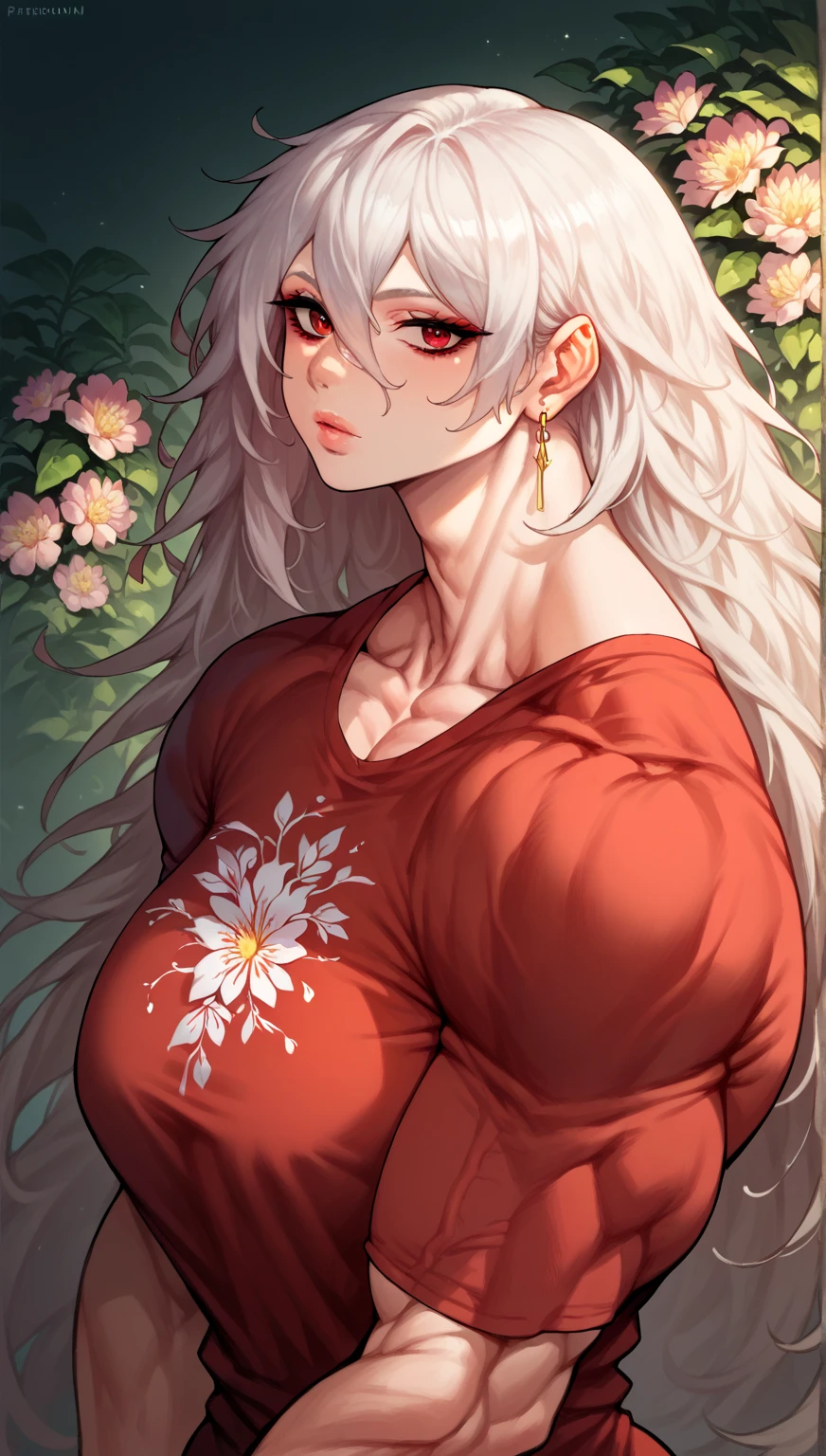 score_9, score_8_up, score_7_up, score_6_up, score_5_up, score_4_up, woman, solo, Floral print t-shirt with oversized, abstract flowers in vibrant colors, thoughtful, earrings, white hair, Dark Red eyes, very long hair, hair between eyes, side tilt, medium breasts, lightweight, morn, drastically, saas, gigantic bodybuilder hypermuscular