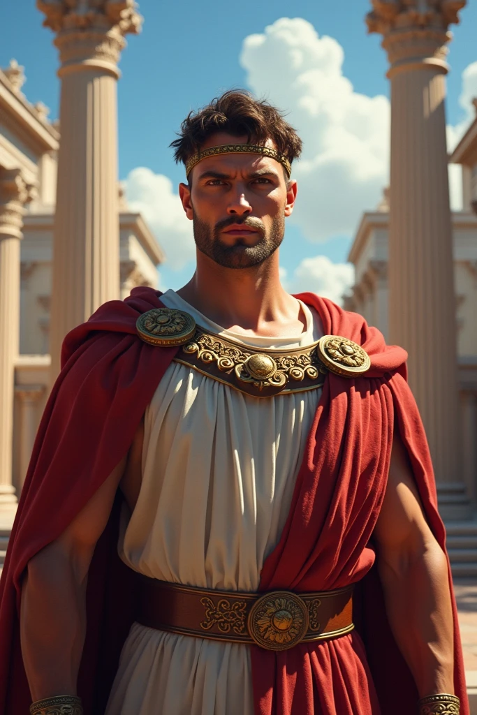 ((artwork)) ((body completo)) ((30 year old man)) body: brownish skin, high, muscular, ((body hair)) ((platinum ruby hair)) male face, barba, beautiful eyes, detailed eyes ((Gold colored eyes)). Expression: Seductive, sonrisa Seductive. CLOTHES: Red Greek Cape, TOGA BLANCA, Gold ornaments, greek prince ornaments. pose: dynamic. scene: greek temple, Greek columns. Decor: winter, decoración de winter brillante, Wonderful lighting.