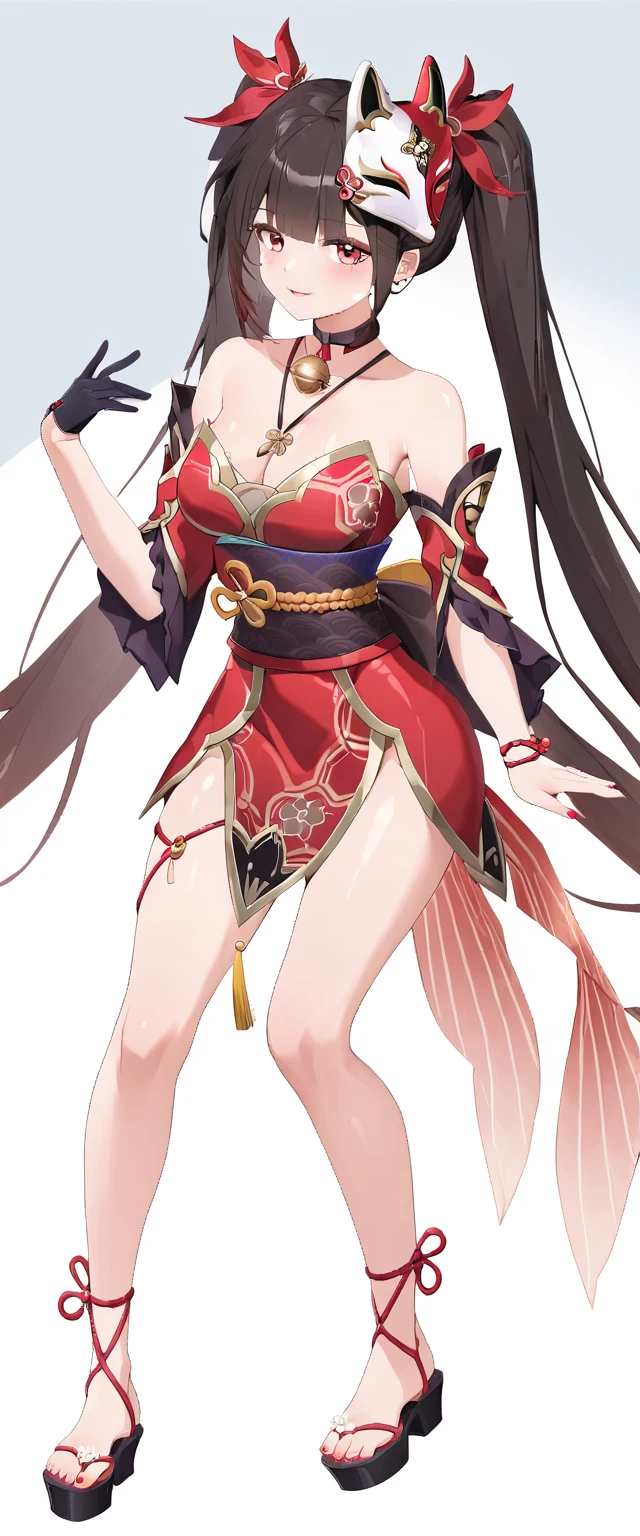 ((best quality, amazing quality, very aesthetic, highres, incredibly absurdres, retouched, smooth lines, excellent color,shiny skin )), twintails, hair ornament, off shoulder kimono, mask on head, detached sleeves, choker, obi, single glove, cross-laced sandals, wristband, criss-cross halter, thigh strap
