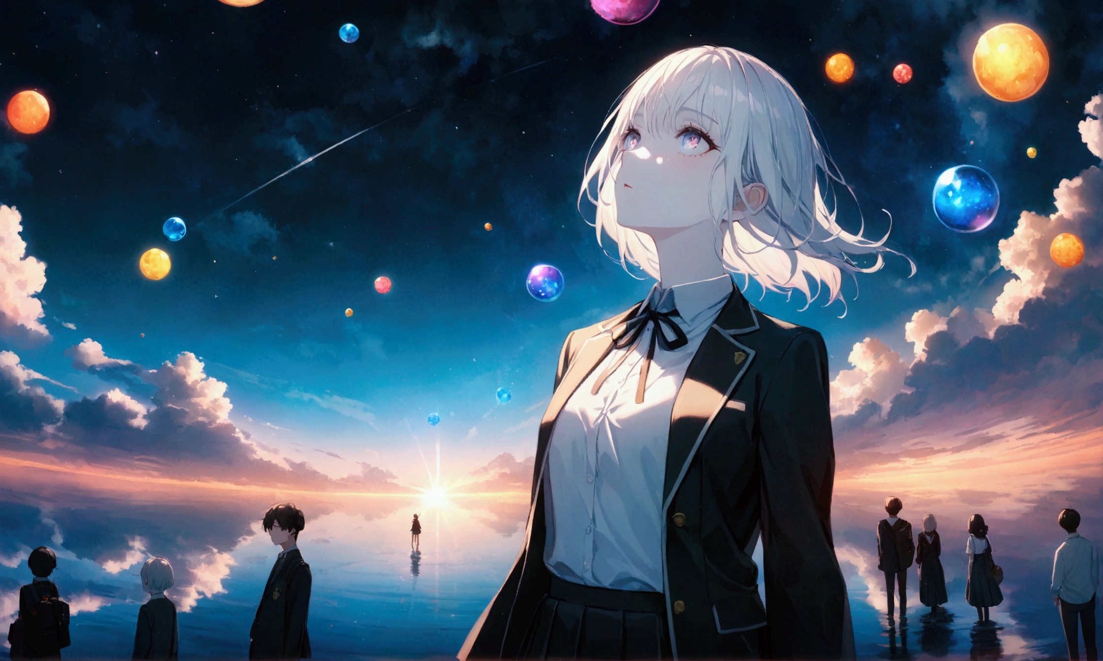 masterpiece:1.2), (pale_skin:1.2), (alone:1.2), (woman)、(man\(student, 20-year-old, ＪＫ, Short silver hair floating, Space-colored eyes, school black uniform, paleskin) Looking up at the sky), Beautiful sky, Beautiful Clouds, Colorful summer flowers are blooming everywhere., (Transparent bubbles shine like prisms here and there in the sky), There is a noon moon and a noon star in the sky, In a crowded downtown, break ,quality\(8k,Highly detailed CG unit wallpaper, masterpiece,High resolution,top-quality,top-quality real texture skin,Surreal,Increase the resolution,RAW Photos,highest quality,Very detailed,wallpaper,Cinema Lighting,Ray-tracing,Golden Ratio\),(Long Shot),Wid