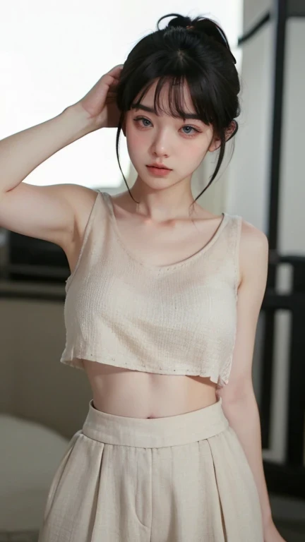 cinematic lighting, masterpiece, UHD, anatomically correct, textured skin, super detail, high quality, award winning, highres, 16k, 8k, full body shot, a young korean woman, age 25, baby face, medium breast, ((Cropped Tank with Linen Culottes)), proud pose, neutral expression, blurred surroundings, Center of attention.