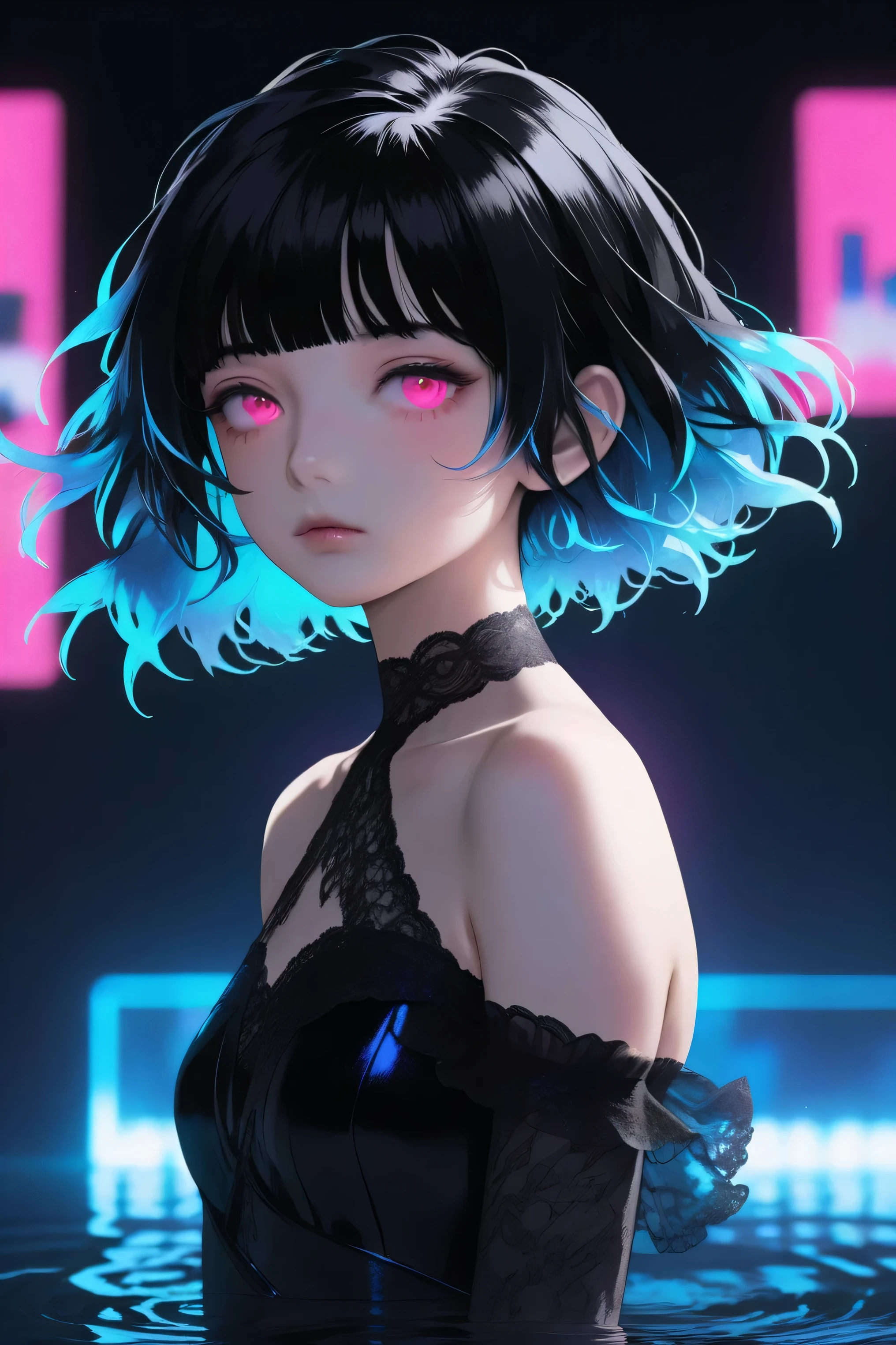 ( best quality, outline:1.2),realistic,illustrator,anime,1 girl, Detailed lips, black dress,custom, (monochrome dark background),neon hair,textured cut, obra de until, classic retro style, dark black, until, outline book, (black bob hair:1.75 neon:1.32), Bad women , dark monochrome background, anime girl with blue hair and white dress standing in water, anime art wallpaper 8 k, wallpaper anime blue water, anime art wallpaper 4 k, anime art wallpaper 4k, anime style 4 k, anime wallpaper 4k, anime wallpaper 4 k, beautiful anime artwork, digital art on pixiv, 4k anime wallpaper, beautiful anime art, anime moe artstyle