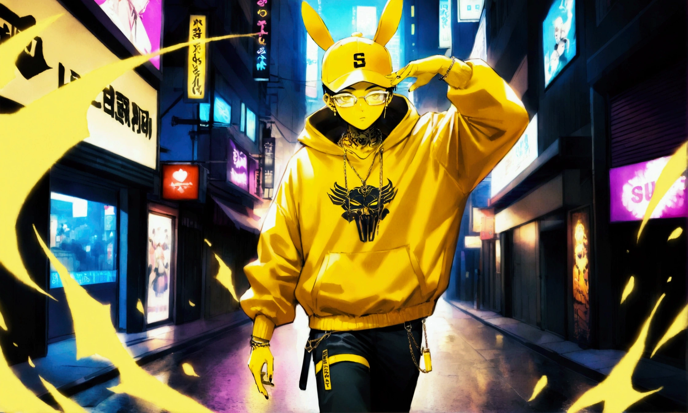 a young man with tattoos wearing a yellow jacket and a gold chain around his neck, yellow cap, wearing a yellow hoodie, japanese streetwear, cyberpunk streetwear, streetwear fashion, yellow skin, wearing cyberpunk streetwear, yellow, yelow, rapper, yellow clothes, south korean male, futuristic yellow lens, (((yellow))), glossy yellow, yellow carrera glasses, outlive streetwear collection, mono-yellow, bad bunny, asian male