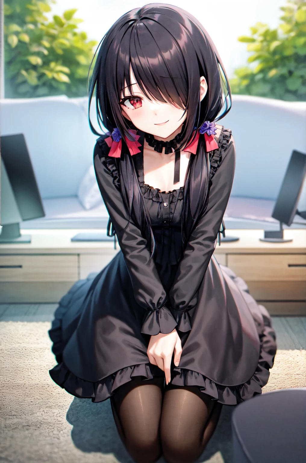 1girl, solo, kneeling, seiza, cckurumi, long hair, low twintails, hair flower, hair over one eye, hair bow, gothic, black dress, ribbon, pantyhose, slippers, sitting, smile, looking at viewer, leaning forward, indoors, living room, television, window, plant, rug,, weird atmosphere, (best quality:1.1), (masterpiece:1.2), high quality shadow, beautiful detailed, (high detailed skin, skin details), (wide_landscape, 8k), beautiful face, detailed eyes, depth of field, dramatic light, best quality, highres, best shadow, best illumination,