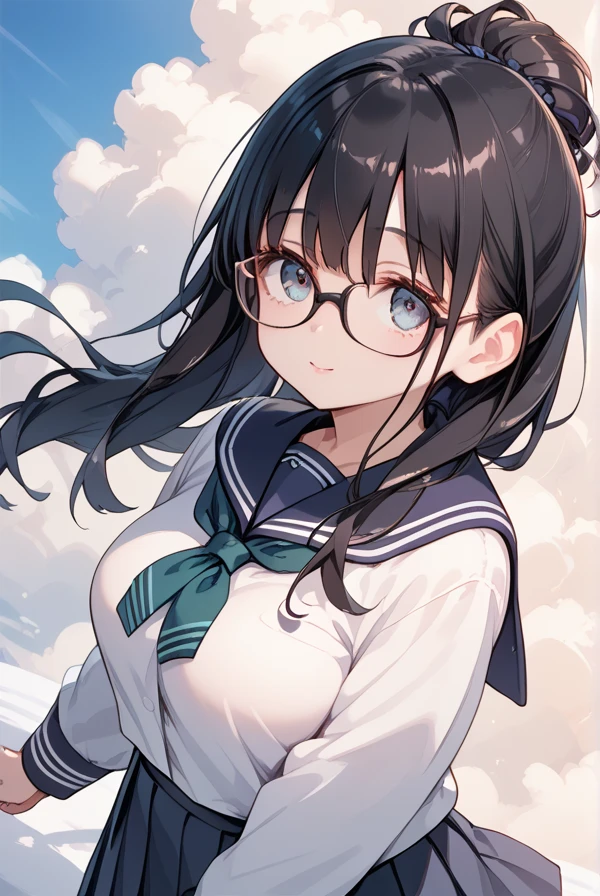 Black hair, long hair, glasses, Japanese high school girl, high school girl winter uniform, looking up at the sky, cloudy sky, a ray of light shining through the clouds