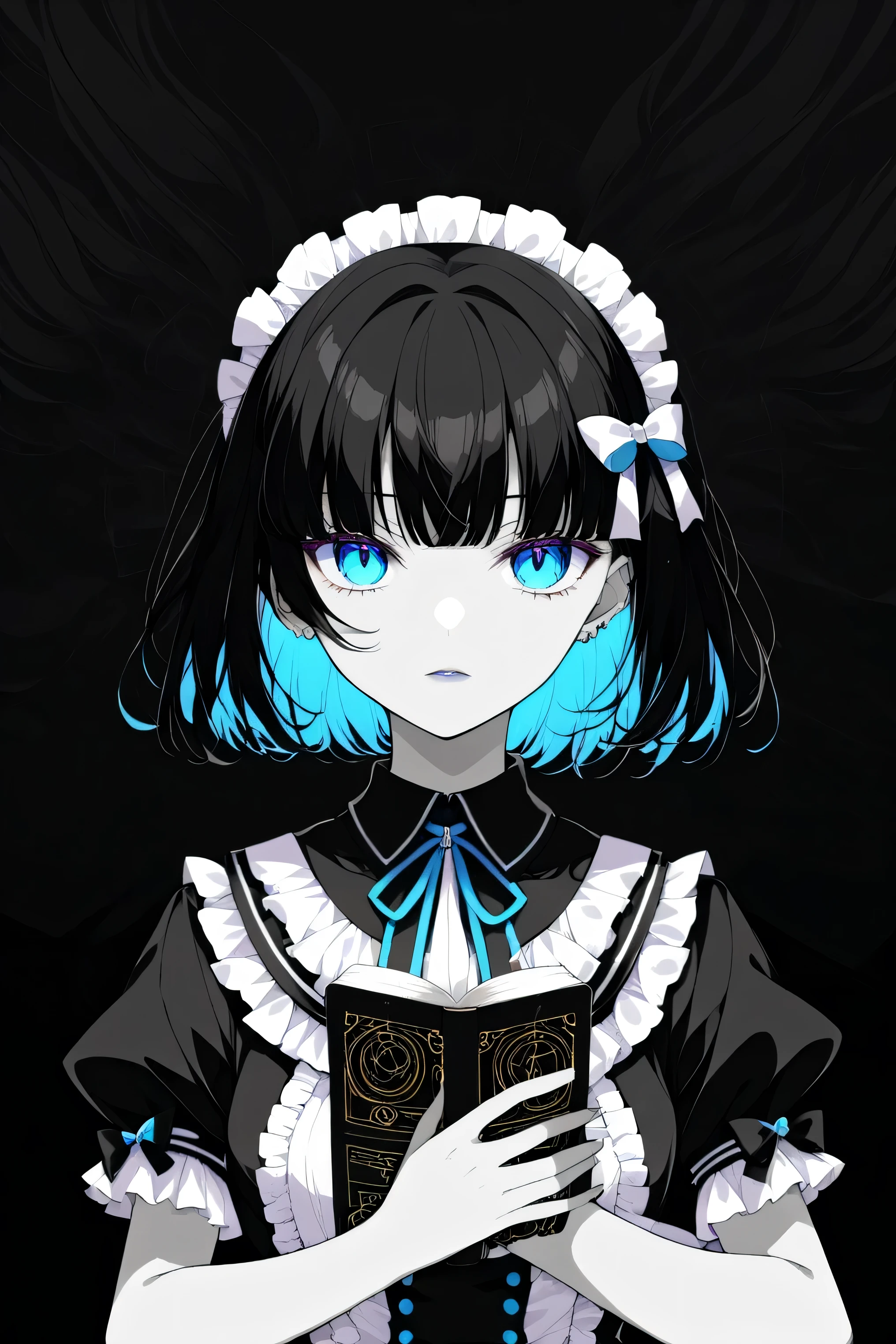 ( best quality, outline:1.2),realistic,illustrator,anime,1 girl, Detailed lips, black dress,custom, (monochrome dark background),neon hair,textured cut, obra de until, classic retro style, dark black, until, outline book, (black bob hair:1.75 neon:1.32), Bad women , dark monochrome background, anime girl with blue hair and white dress standing in water, anime art wallpaper 8 k, wallpaper anime blue water, anime art wallpaper 4 k, anime art wallpaper 4k, anime style 4 k, anime wallpaper 4k, anime wallpaper 4 k, beautiful anime artwork, digital art on pixiv, 4k anime wallpaper, beautiful anime art, anime moe artstyle