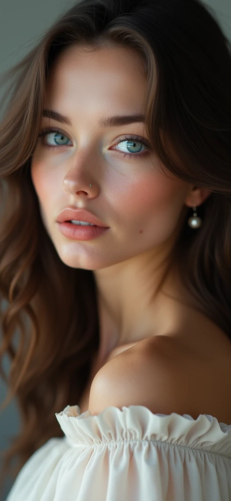 (Masterpiece, best quality, photorealistic, highres, photography, :1.3), very close-up shot, sharp focus, 1 brunette girl, European girl, hot model, midriff, highly detailed eyes and pupils, realistic skin, slim body shape, cleavage, extremely detailed hair, sexy face, sensual gaze, ((wearing thin fabric t-shirt)), indoor, ((realistic, super realistic, realism, realistic detail))