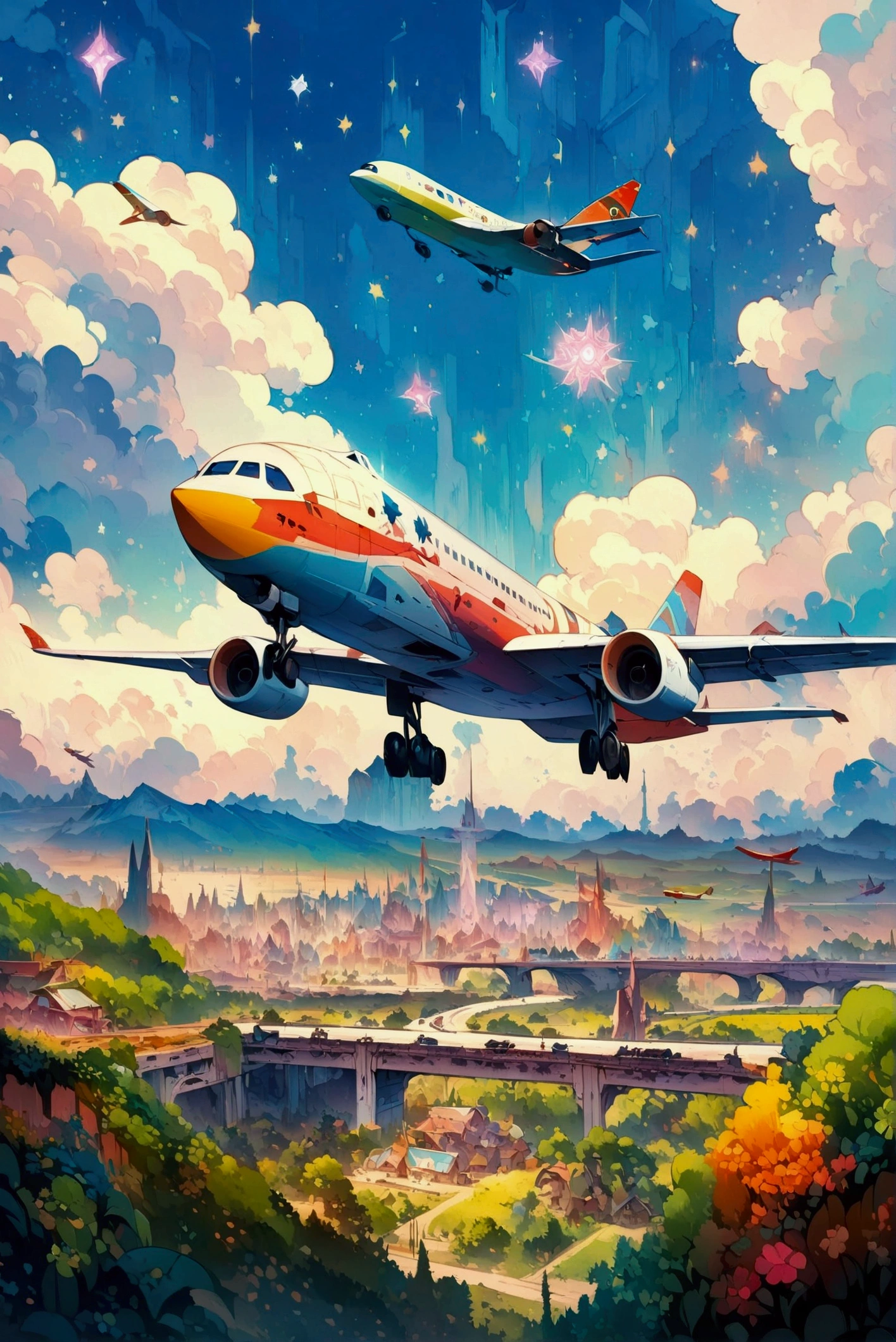  Airplanes with牧草地in the background、Intricate and Detailed Airplanes 、mechanized art concept,   Detailed Game Art Illustration  ,   Epic Full Color Illustration  ,   super detailed illustration ,   Stars Within  、  Stars Within 、 Very Coherent Stylized Artwork  ,   Airplane Design Art  ,    Alessandro Pautasso's Art ,    Highly Detailed Official Art   ,   Colorful Illustrations  ,    detailed digital illustration  , , Vivid cartoon art、Radiant Background 、 Shot looking down at the ground from above