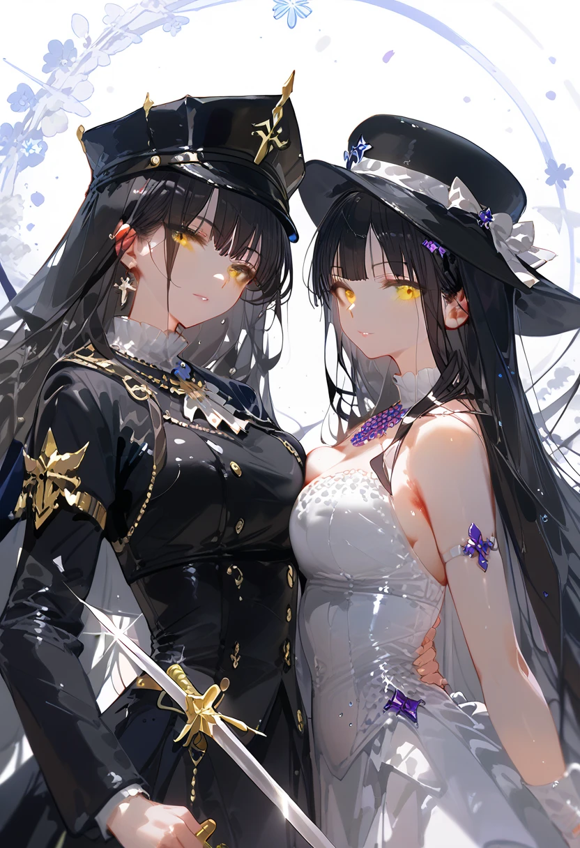 Two intimate women，Black Hair，One a sorceress the other a sword saint. short white woman, two tone black & cameo hair, yellow eyes, black outfit with silver framed gemstones. white and warm cameo colored cover, hat with long brim black and purple. Futanari,