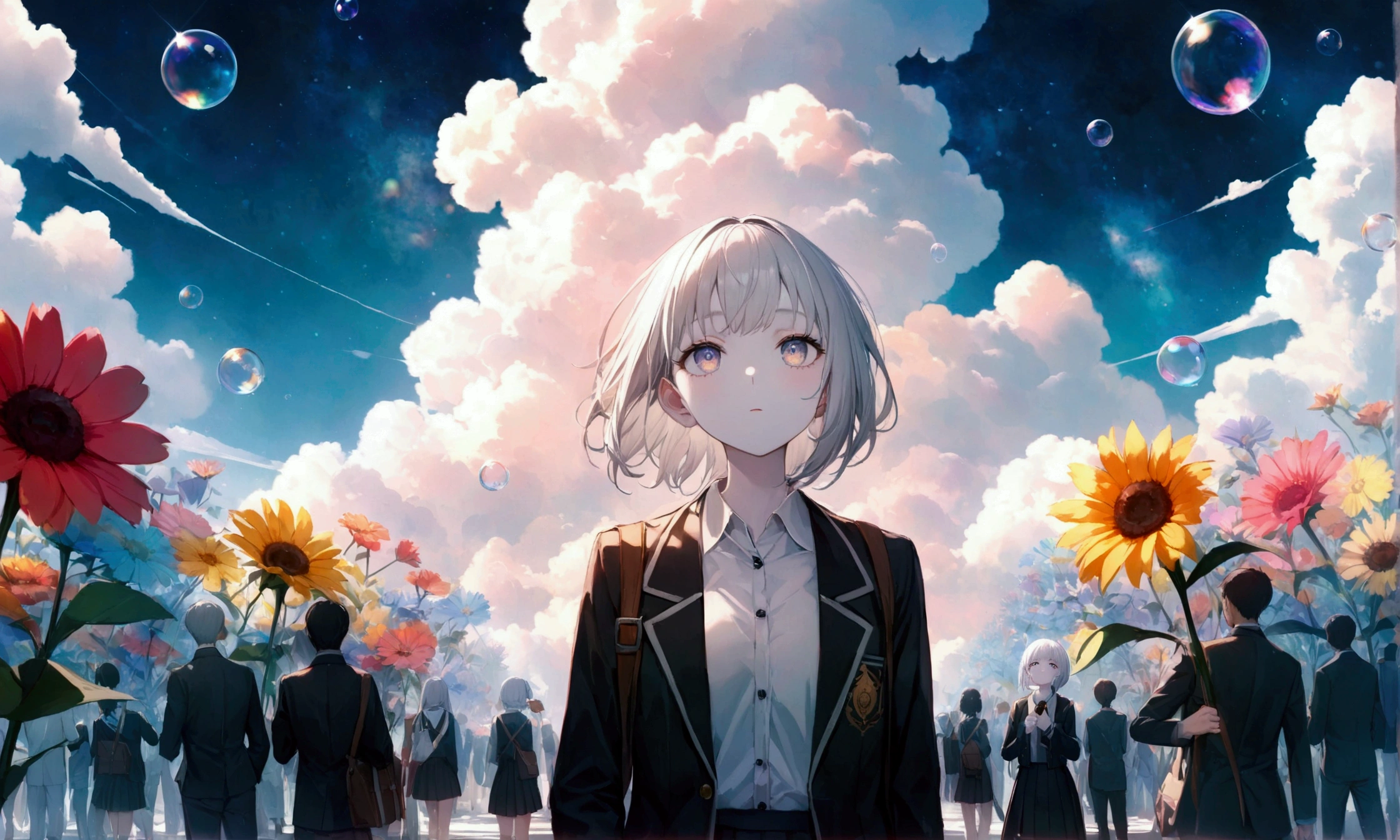 masterpiece:1.2), (pale_skin:1.2), (alone:1.2), (woman)、(man\(student, 20-year-old, ＪＫ, Short silver hair floating, Space-colored eyes, school black uniform, paleskin) Looking up at the sky), Beautiful sky, Beautiful Clouds, Colorful summer flowers are blooming everywhere., (Transparent bubbles shine like prisms here and there in the sky), There is a noon moon and a noon star in the sky, In a crowded downtown, break ,quality\(8k,Highly detailed CG unit wallpaper, masterpiece,High resolution,top-quality,top-quality real texture skin,Surreal,Increase the resolution,RAW Photos,highest quality,Very detailed,wallpaper,Cinema Lighting,Ray-tracing,Golden Ratio\),(Long Shot),Wid