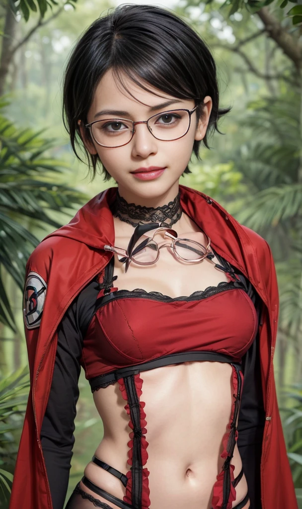 masterpiece, best quality, (realistic,photo-realistic:1.4), (RAW photo:1.2), extremely detailed CG unity 8k wallpaper, delicate and beautiful, amazing,finely detail, official art, absurdres, incredibly absurdres, huge filesize, ultra-detailed,extremely detailed eyes and face,light on face,sarada,(smirk:1.4),(black hair:1.4),(very short hair:1.4),nature,sarada uchiha ,(wearing black framed glasses:1.5),(wearing lingerie:1.5),jungle,navel