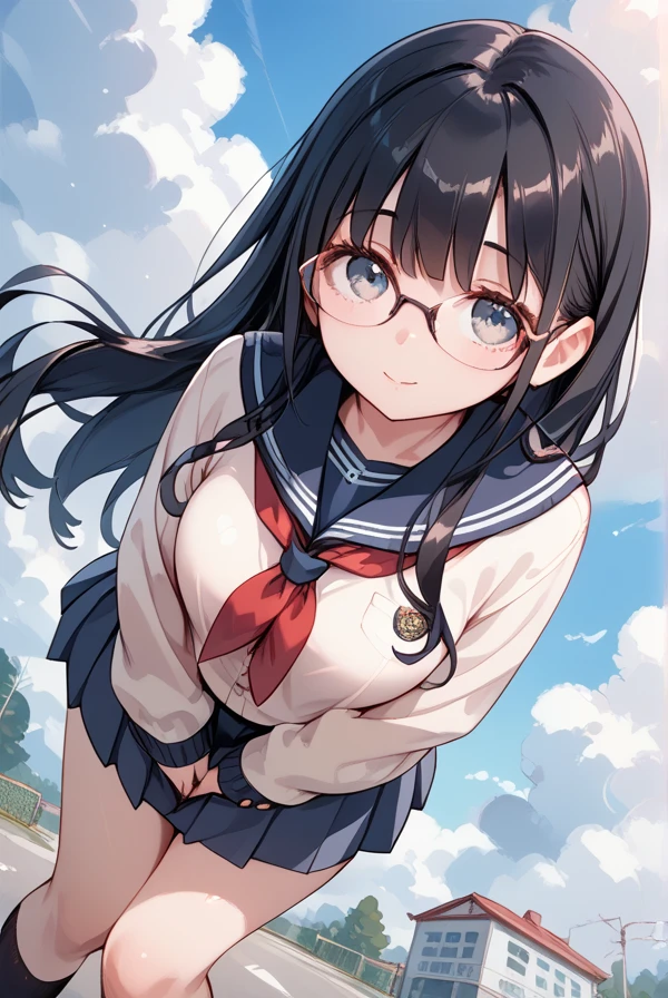 Black hair, long hair, glasses, Japanese high school girl, high school girl winter uniform, looking up at the sky, cloudy sky, a ray of light shining through the clouds