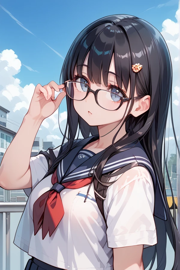 Black hair, long hair, glasses, Japanese high school girl, high school girl winter uniform, looking up at the sky, cloudy sky, a ray of light shining through the clouds