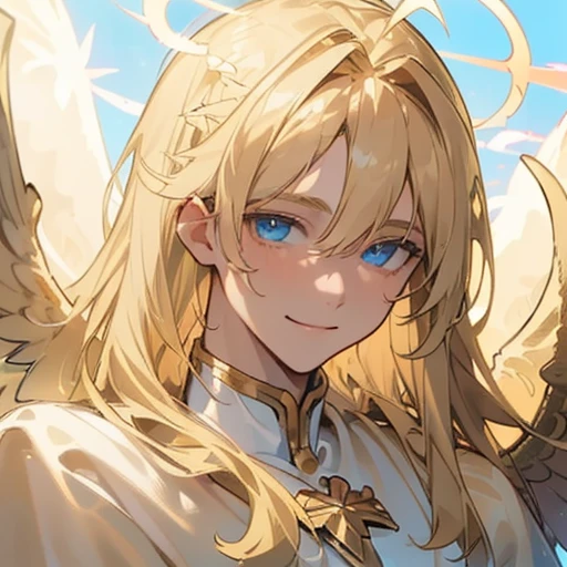 ((Upper body close-up,  stares at the viewer )), Solo Shot, 1 Male, Archangel, (smile:1.4), (( Merciful Expression )), ((Blonde:1.8)),  long hair ,  shiny hair, Blue Eyes, (( Eyes with Highlights)), ((Eyes with Light )),  eyes like jewels,  white robe, Gold decoration, ((white angel feather wings)), Beautiful, Divine, The power of light, ((Blue sky background))