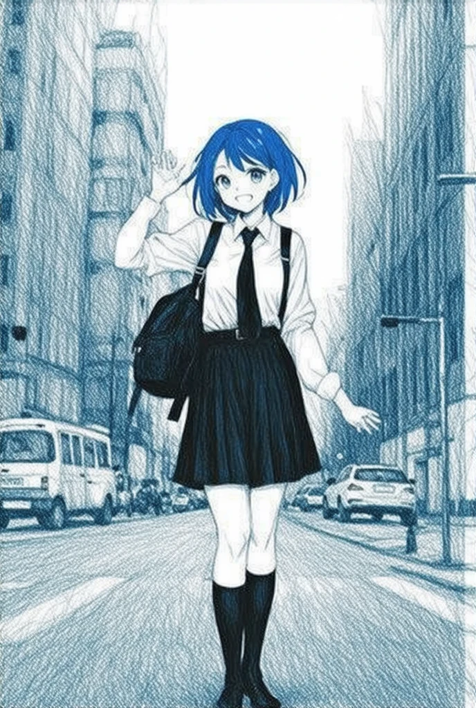 1 Girl, black_skirt,  blue_hair, architecture, City, Cityscape, hair_between_Eye, jacket, Check_exist_Check者, medium_hair, Colorful_hair, Multiple_The Boys, night, leave_Shoulder, exist户外, pleexisted_skirt, road, shirt, skirt, skyscraper,  Smile,  unique _Key Points, street, White_shirt