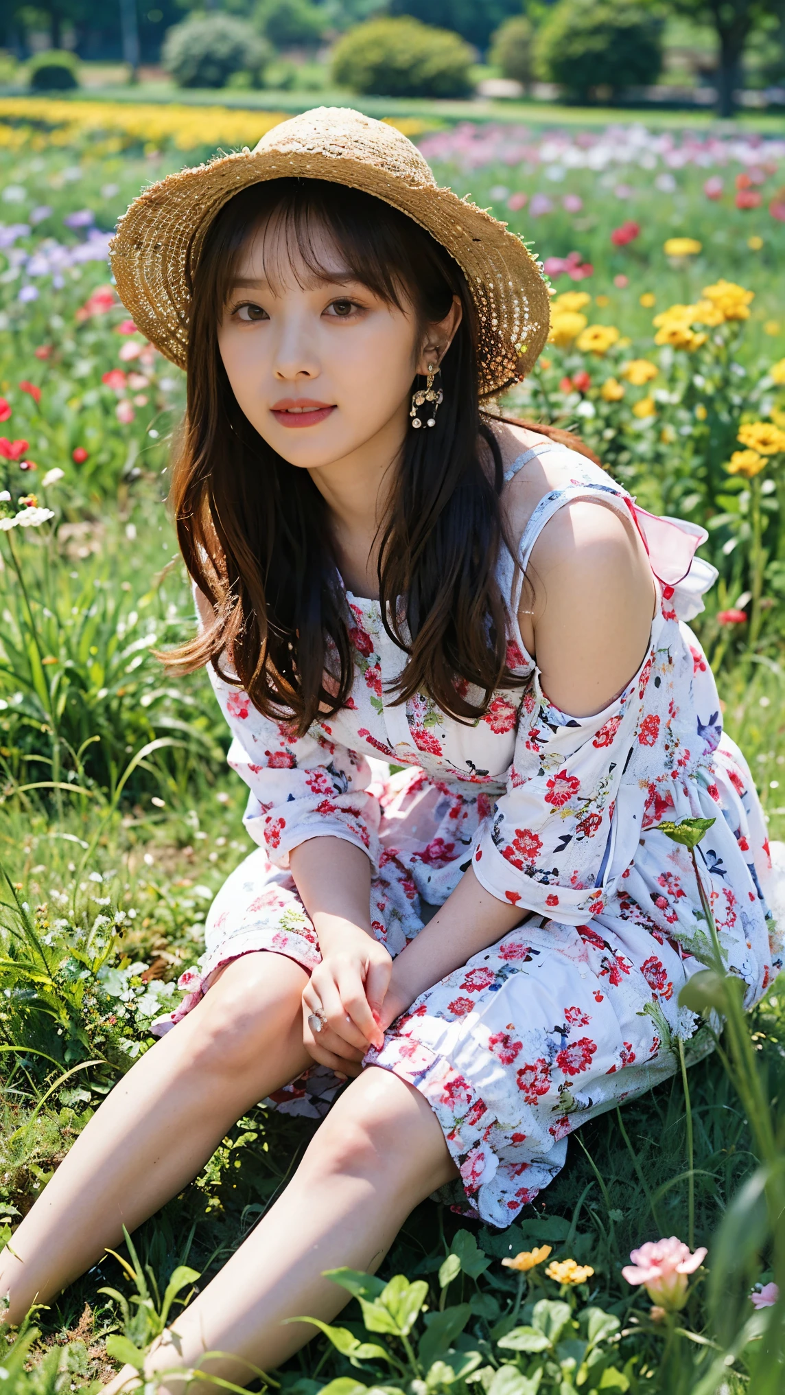 Araffe sitting in a field of flowers wearing a straw hat - SeaArt AI