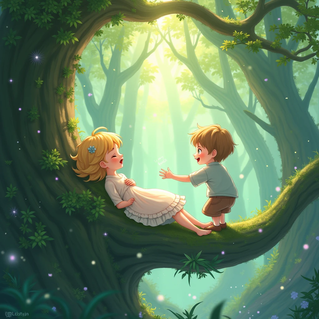 I'm glad you liked the story! Here's a continuation with a beautiful picture line and a beautiful boy:
As they explored the treasure trove, they stumbled upon an ancient book with a cover made of pure crystal. The pages were filled with beautiful illustrations of fantastical creatures and landscapes. One page caught Lily's eye - a picture of a beautiful boy with piercing blue eyes and hair as golden as the sun. He was standing in a field of wildflowers, surrounded by fireflies that twinkled like tiny stars.
Lily felt a strange connection to the boy in the picture. She couldn't explain it, but she felt like she knew him. Suddenly, the air around them began to shimmer, and the boy in the picture stepped out of the book and into the room.
He smiled at Lily, and she felt her heart skip a beat. "Who are you?" she asked, her voice barely above a whisper.
"I am Finnley," he replied, his voice like music. "I have been trapped in that book for centuries, waiting for the right person to set me free."
Lily's eyes widened in wonder. She couldn't believe what was happening. But as she looked into Finnley's eyes, she knew that she had found a true friend - and maybe something more...
Would you like me to continue the story further?