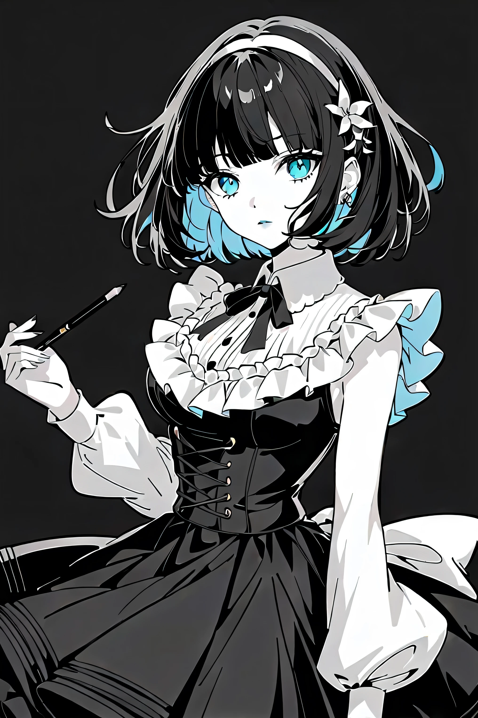 ( best quality, outline:1.2),realistic,illustrator,anime,1 girl, Detailed lips, black dress,custom, (monochrome dark background),neon hair,textured cut, obra de until, classic retro style, dark black, until, outline book, (black bob hair:1.75 neon:1.32), Bad women , dark monochrome background, anime girl with blue hair and white dress standing in water, anime art wallpaper 8 k, wallpaper anime blue water, anime art wallpaper 4 k, anime art wallpaper 4k, anime style 4 k, anime wallpaper 4k, anime wallpaper 4 k, beautiful anime artwork, digital art on pixiv, 4k anime wallpaper, beautiful anime art, anime moe artstyle