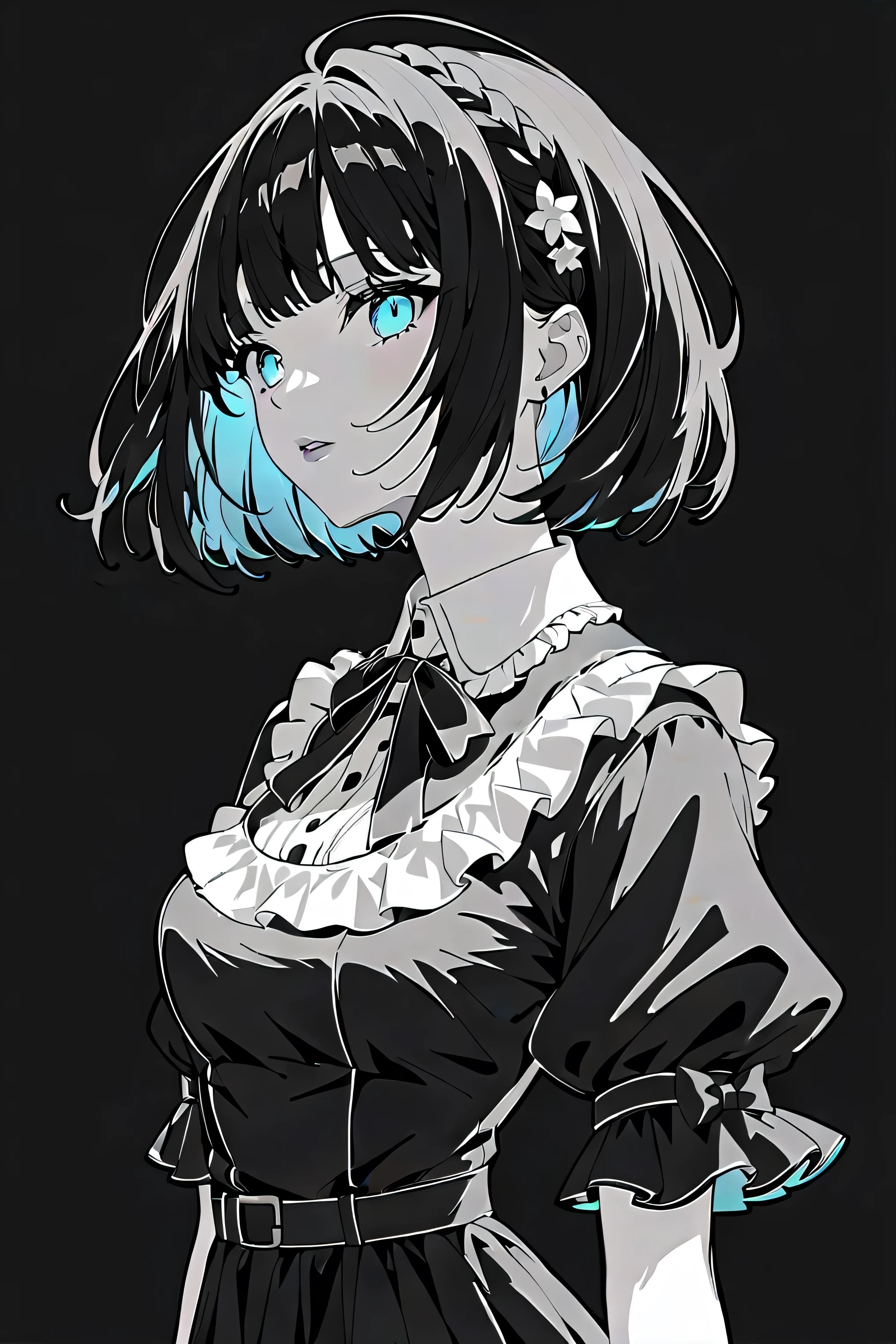 ( best quality, outline:1.2),realistic,illustrator,anime,1 girl, Detailed lips, black dress,custom, (monochrome dark background),neon hair,textured cut, obra de until, classic retro style, dark black, until, outline book, (black bob hair:1.75 neon:1.32), Bad women , dark monochrome background, anime girl with blue hair and white dress standing in water, anime art wallpaper 8 k, wallpaper anime blue water, anime art wallpaper 4 k, anime art wallpaper 4k, anime style 4 k, anime wallpaper 4k, anime wallpaper 4 k, beautiful anime artwork, digital art on pixiv, 4k anime wallpaper, beautiful anime art, anime moe artstyle