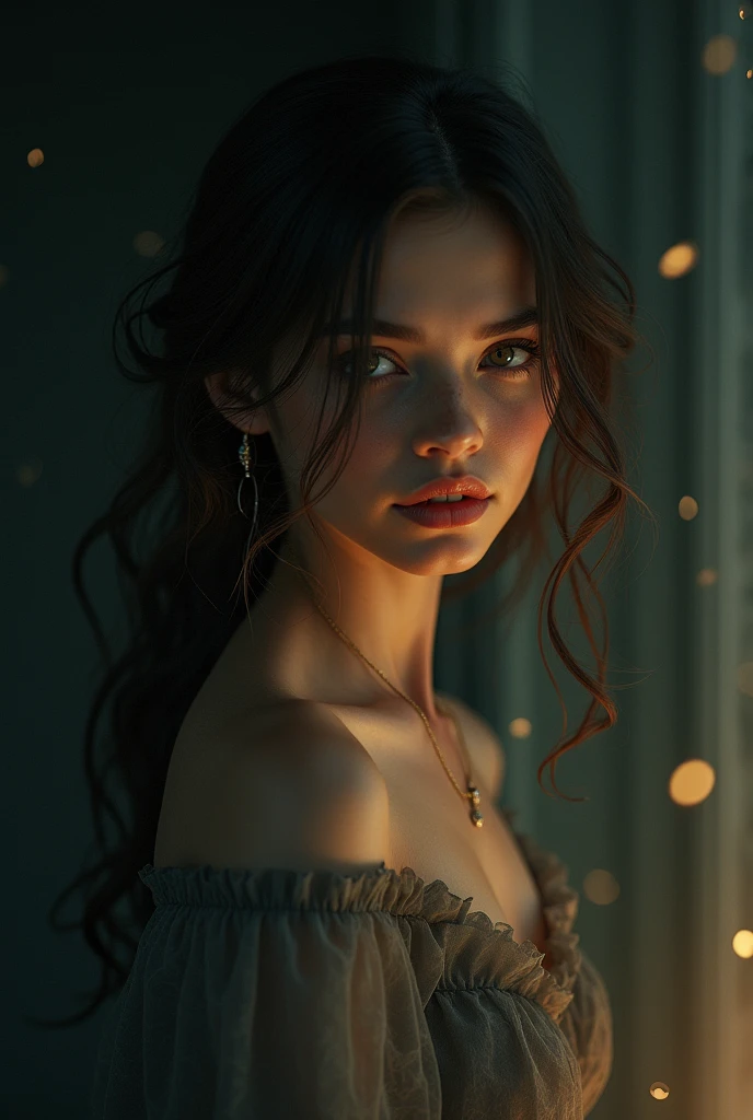 (((ultra realistic))) Photo, masterpiece, top quality, (pale skin), (Ultra detailed face and eyes:1.3), 1 girl, In Lifchik, (Eye makeup, mascara), ((large detailed lips)), ((Dark wavy hair)), ((Stylish hairstyle)) , (Natural breasts). ((Posing)), photoshoot, (Soft) Lighting, (The play of light and shadows), depth of field, bokeh, (special attention to skin detail: 1.2), Detailed leather texture, skin pores. (Cold atmosphere of the frame. Color range - black, Red, White tones), UDR, ((Film grain)), rays, (Glare), ((portrait, close to the camera, view from the back)) , ultra detialed,