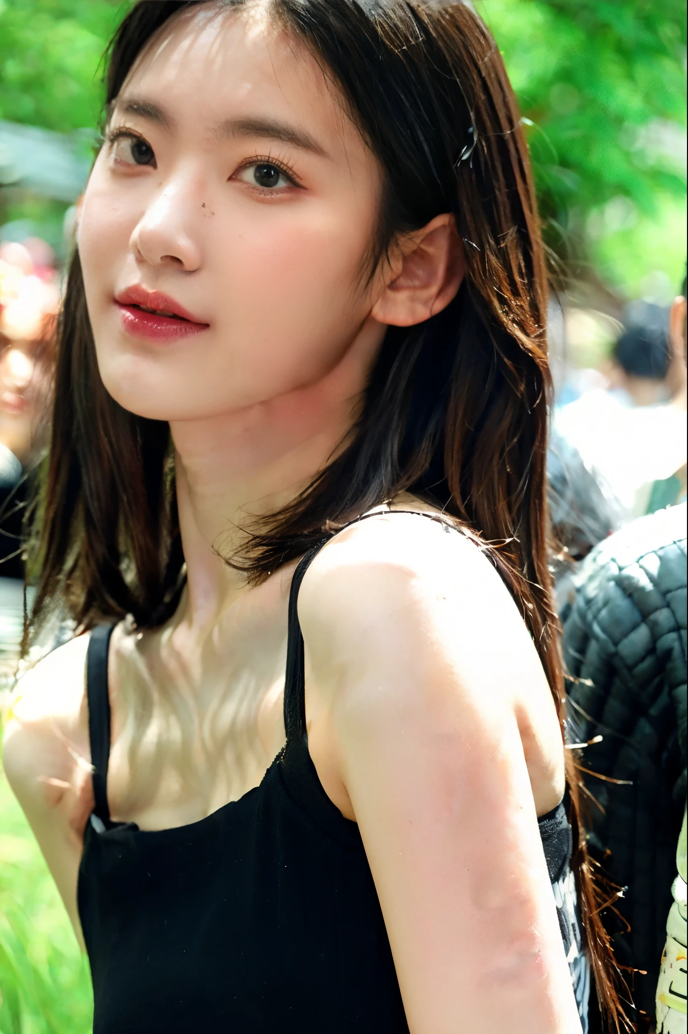 no, Ray tracing, Radio City, Anisotropic filtration, 16,000, best quality, 1 woman, alone, mature, beautiful hiker, black bra, Gradient long hair, hiking equipment、laugh、sunset、((big breasts)) 、, miyawaki sakura, closeup, perfect face