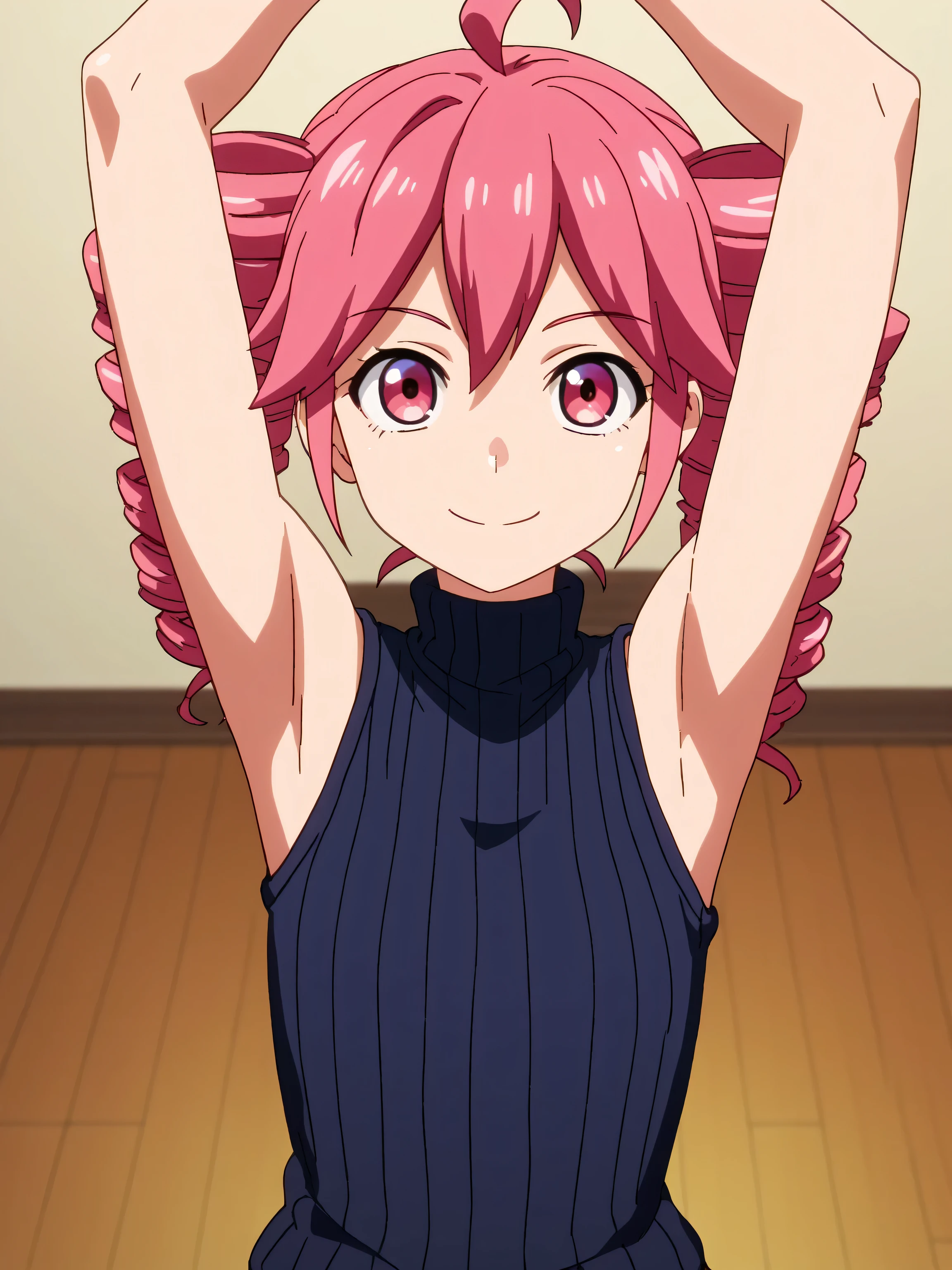 score_9, score_8_up, score_7_up, source_anime, anime screencap, 1girl, solo, teto kasane, ahoge, pink eyes, drill hair, pink hair, black sweater, sleeveless sweater, ribbed sweater, turtleneck, arms up, raised arms, armpits, from above, looking at viewer, head towards viewer, smile, closed mouth, badhandv4, indoors 