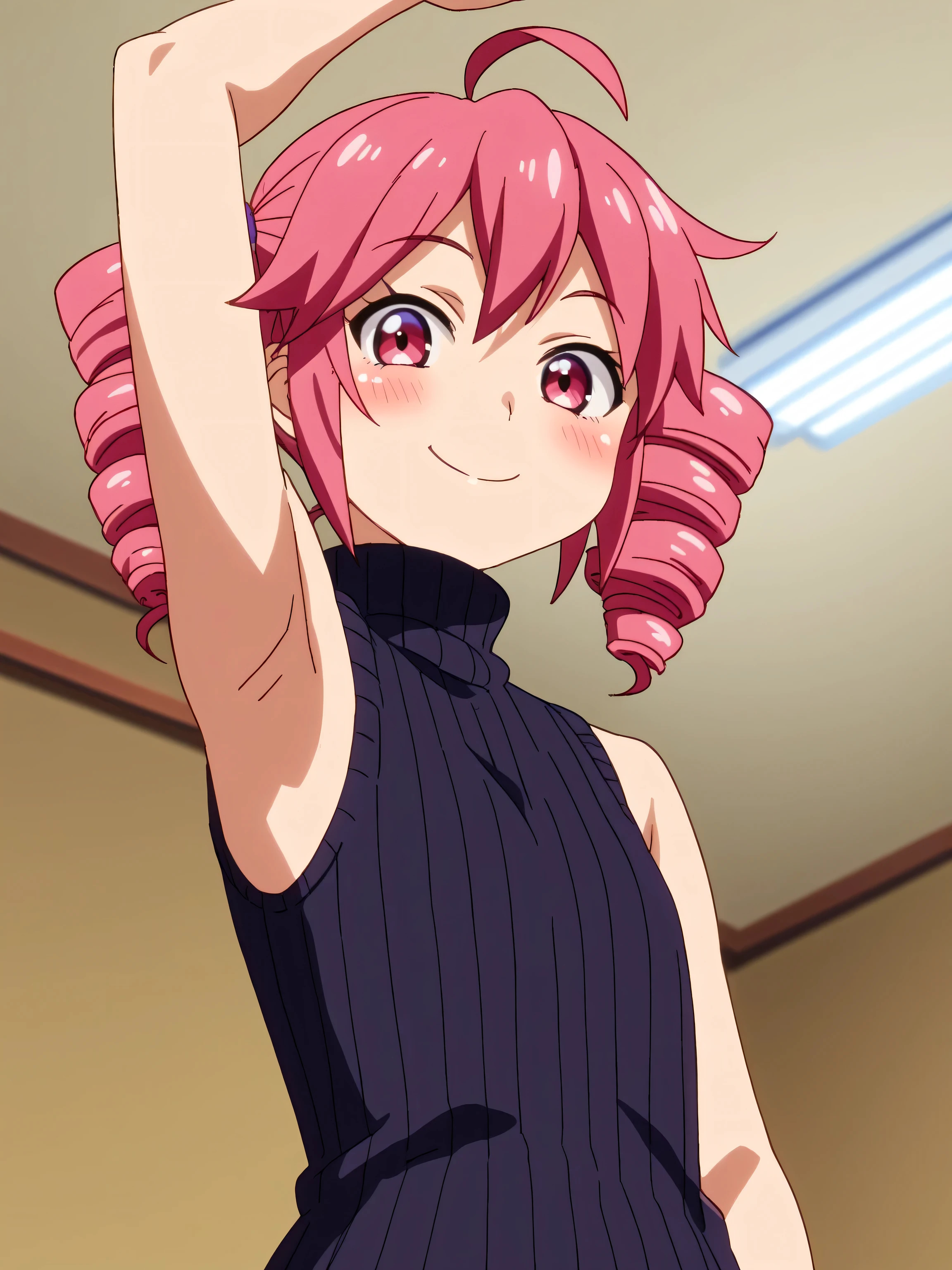 score_9, score_8_up, score_7_up, source_anime, anime screencap, 1girl, solo, teto kasane, ahoge, pink eyes, drill hair, pink hair, black sweater, sleeveless sweater, ribbed sweater, turtleneck, arms up, raised arms, armpits, from above, looking at viewer, head towards viewer, smile, closed mouth, badhandv4, indoors 