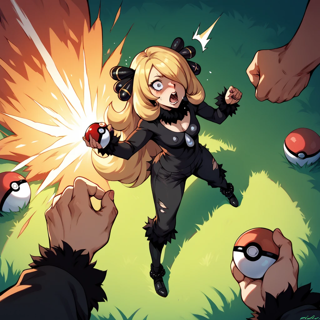  Score_9, score_8, score_7, source_anime, 1GIRL, cynthia,RIPPED CLOTHES, POKEBALL IN HAND, GRASS, SHOCKED, ,DEFFEAT,DEFFEAT,LOOSE,EXPLOSION  IN FLOOR,