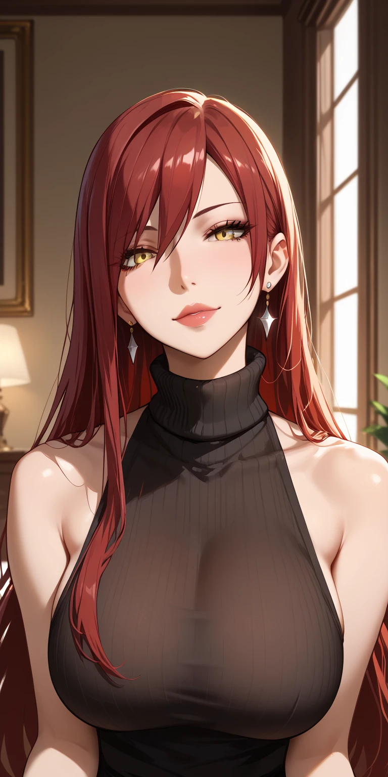 Score_9, Score_8_up, Score_7_up, Source_anime, anime art, anime style, masterpiece, best quality, very aesthetic, 1girl, mature woman, milf, curvaceous, long hair, side bangs, maroon hair,  sleeveless turtleneck, erza, seductive face, yellow eyes, upper body, home