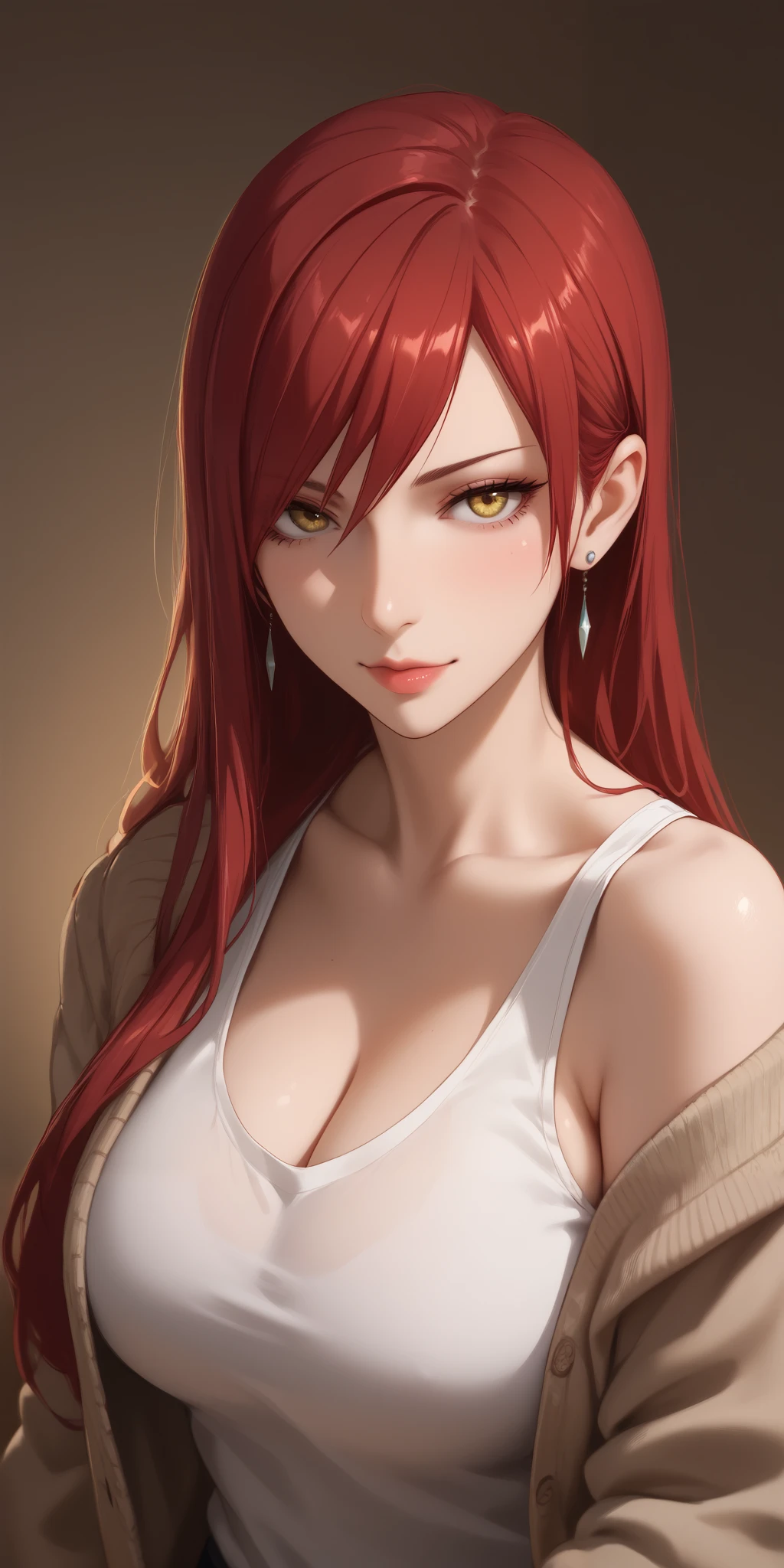 Best quality, masterpiece, ultra high res, 1girl, sexy, in the dark, deep shadow, low key, cold light, milf, dynamic light, cinematic lighting, cinematic lighting, down blouse, mature woman, natural breast, big breast, large breast,upper body, milf, nsfw, red hair , face closeup, face detail, red lips detail, white background, madam m, milf, scarlet witch