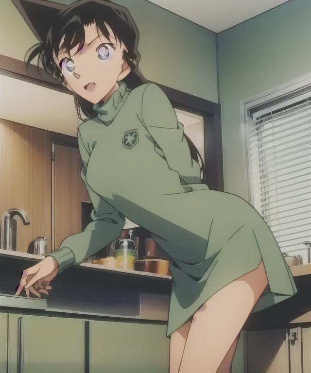 1girl,turtleneck,green miniskirt,light green cropped jacket,green socks,,sink,laundry,kitchen,bringing upper body to the sink,open,back view of leaning forward