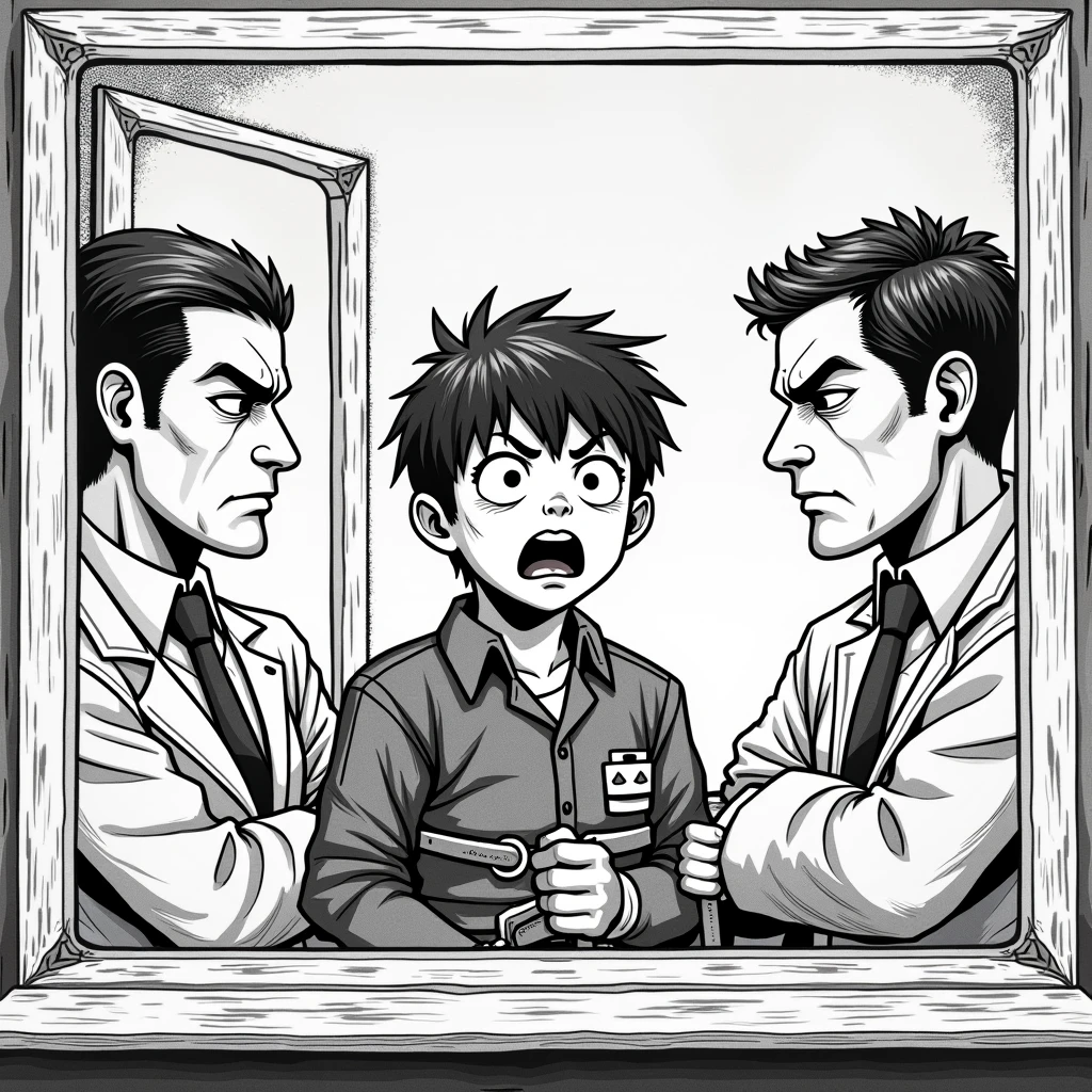 A boy with short hair，Age 16，The appearance is handsome，Slim body，Shirt uniform，long trousers，In the bedroom，The limbs are bound by chains。hands raised overhead，The body is held in place by chains，The eyebrows are wrinkled in a V-shape(Show arrogance or anger)，Arrogant，Evil bad laughter，Seven-doppelganger shot，Lie down