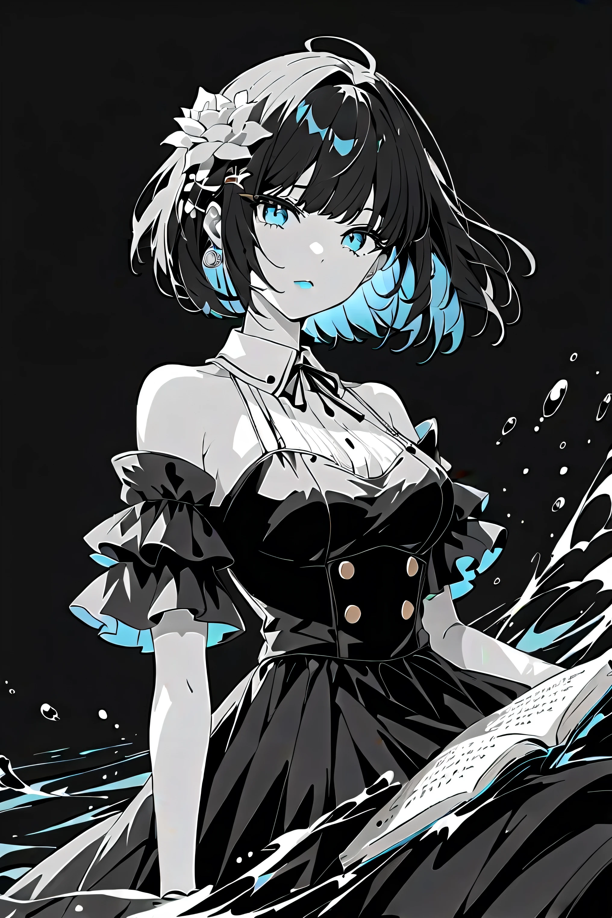 ( best quality, outline:1.2),realistic,illustrator,anime,1 girl, Detailed lips, black dress,custom, (monochrome dark background),neon hair,textured cut, obra de until, classic retro style, dark black, until, outline book, (black bob hair:1.75 neon:1.32), Bad women , dark monochrome background, anime girl with blue hair and white dress standing in water, anime art wallpaper 8 k, wallpaper anime blue water, anime art wallpaper 4 k, anime art wallpaper 4k, anime style 4 k, anime wallpaper 4k, anime wallpaper 4 k, beautiful anime artwork, digital art on pixiv, 4k anime wallpaper, beautiful anime art, anime moe artstyle