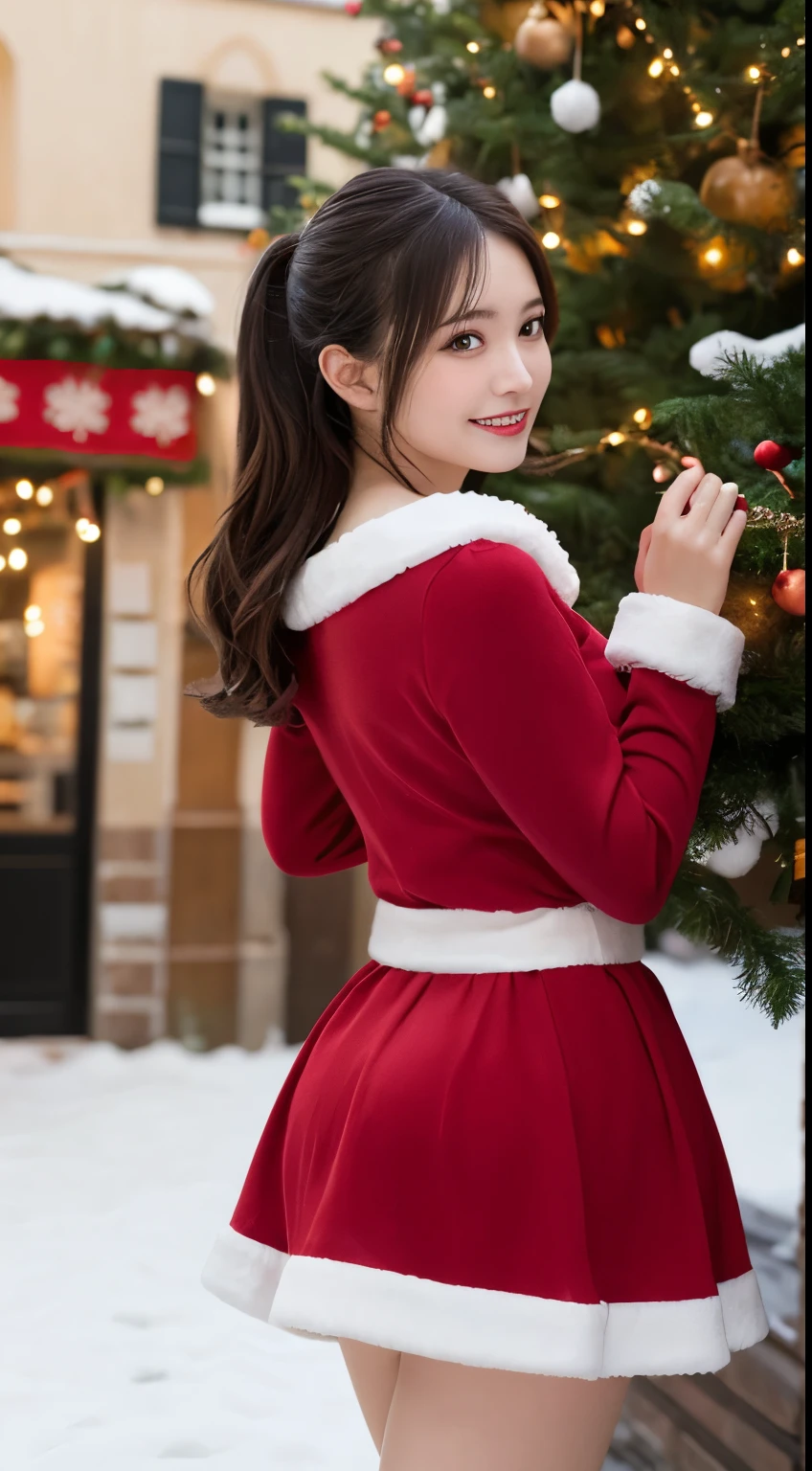 1girl, (santa claus costume:1.5), symmetry, beautiful cute ultra young girl, (slender figure:2.0), (ultra short hair:1.75), ultra big smile, (Beautiful large round droped detailed eyes:1.0), beautiful detailed lips, extremely detailed face, natural makeup, Incredibly beautiful skin, (best quality,4k,8k,highres,masterpiece:1.75),(ultra-detailed,realistic,photorealistic,photo-realistic:2.0),professional,vivid colors,studio lighting,snowing night town,christmas eve