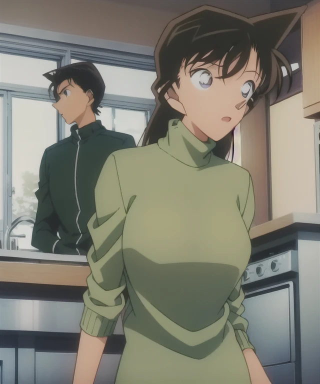 1girl,turtleneck,green miniskirt,light green cropped jacket,green socks,sink,laundry,kitchen,bringing upper body to the sink,open,back view of leaning forward