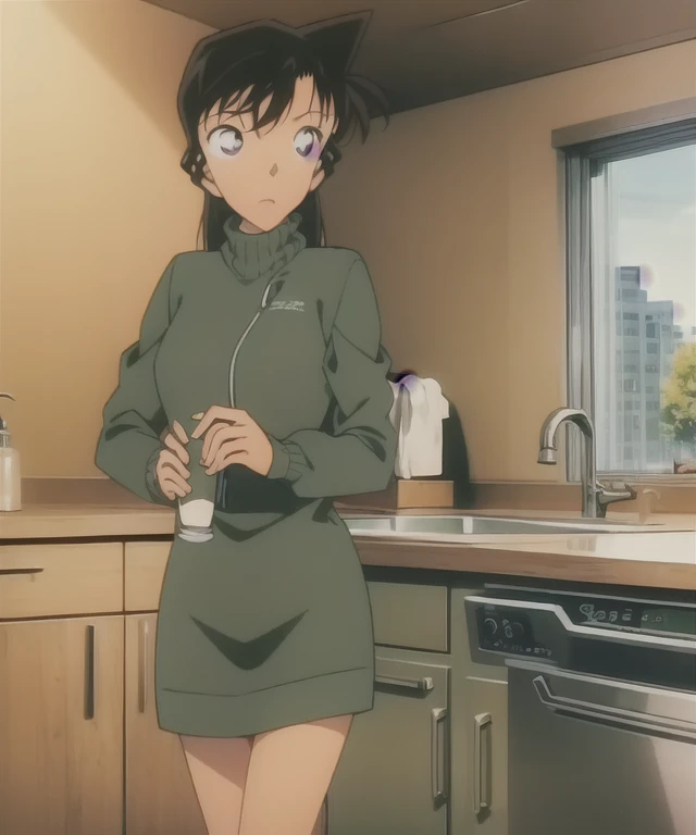 1girl,turtleneck,green miniskirt,light green cropped jacket,green socks,sink,laundry,kitchen,bringing upper body to the sink,open,back view of leaning forward